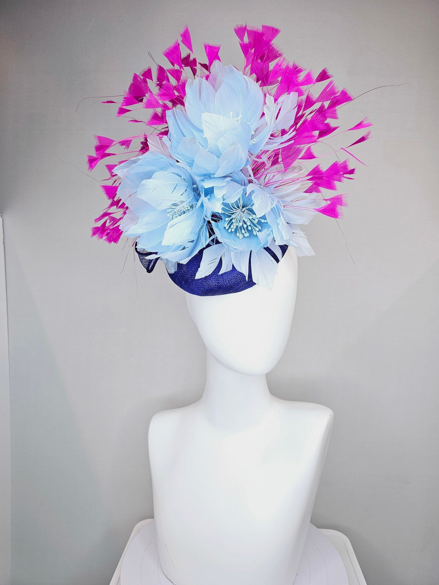 kentucky derby hat fascinator royal blue sinamay with large fluffy light blue feather flowers and fuchsia hot pink feathers
