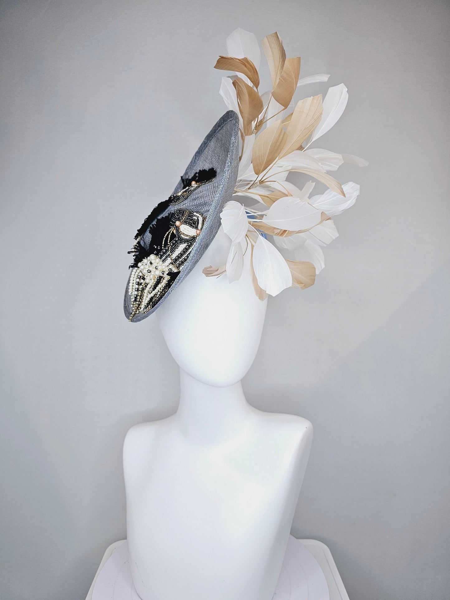 kentucky derby hat fascinator light blue sinamay saucer white gold feathers embroidered black white gold beaded fringe horse decor