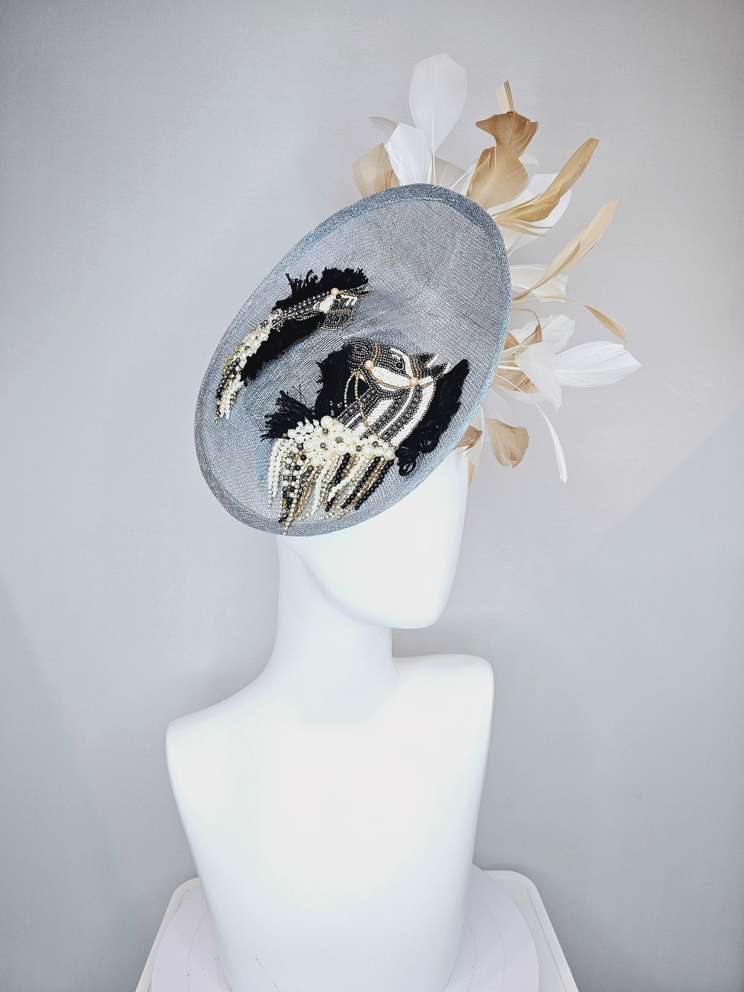 kentucky derby hat fascinator light blue sinamay saucer white gold feathers embroidered black white gold beaded fringe horse decor