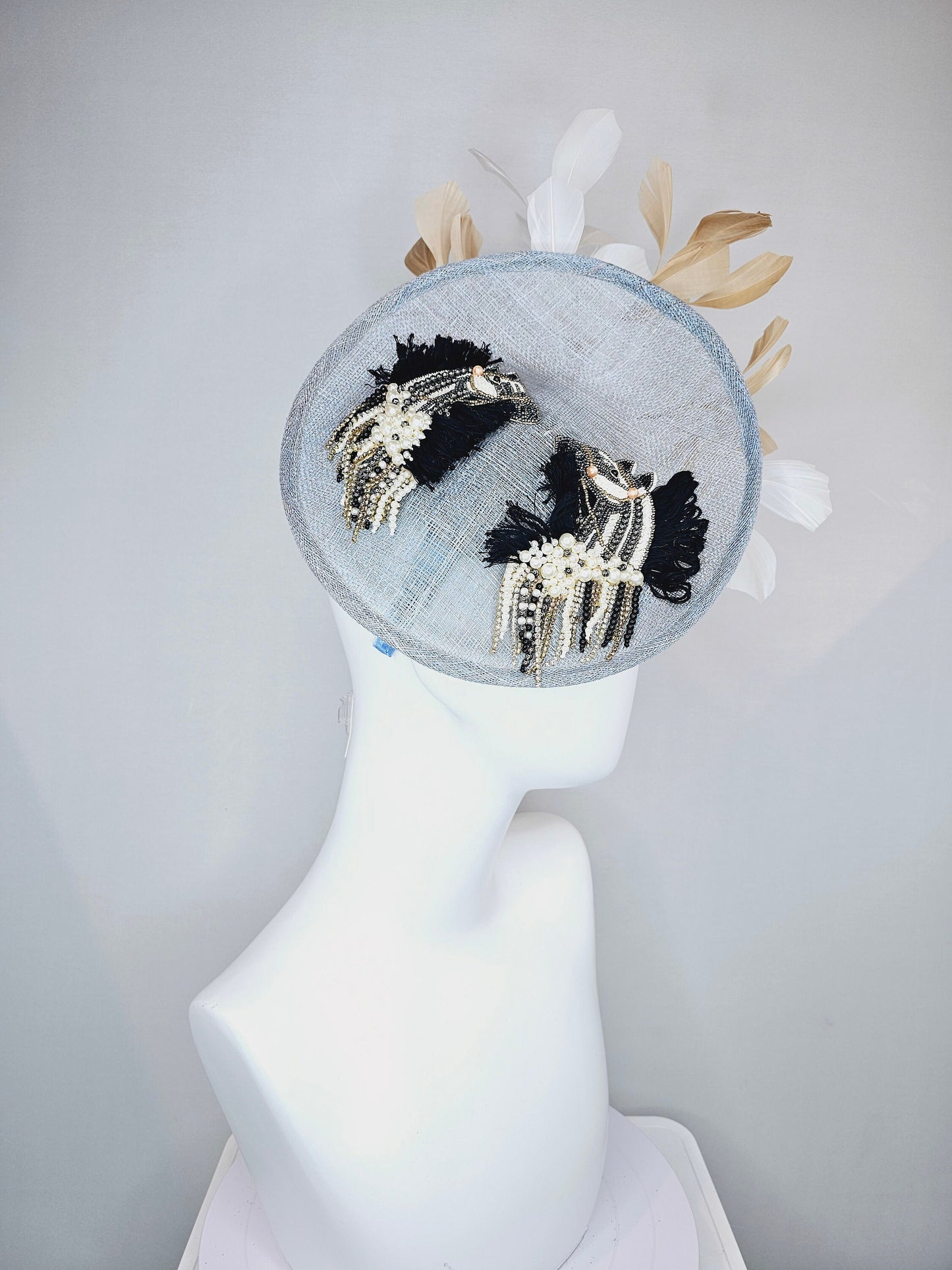 kentucky derby hat fascinator light blue sinamay saucer white gold feathers embroidered black white gold beaded fringe horse decor
