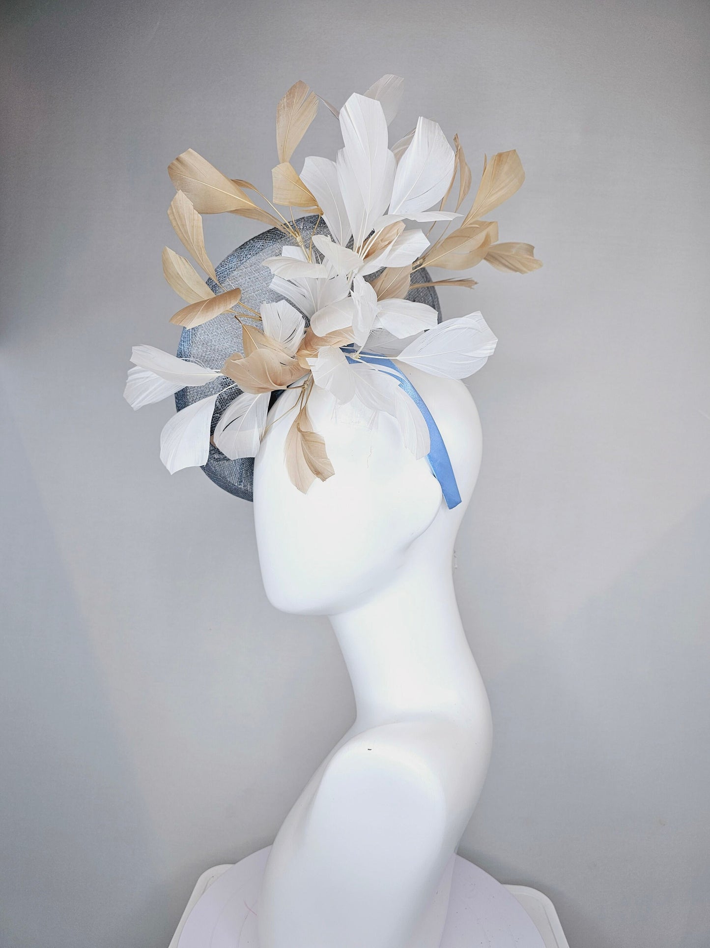 kentucky derby hat fascinator light blue sinamay saucer white gold feathers embroidered black white gold beaded fringe horse decor