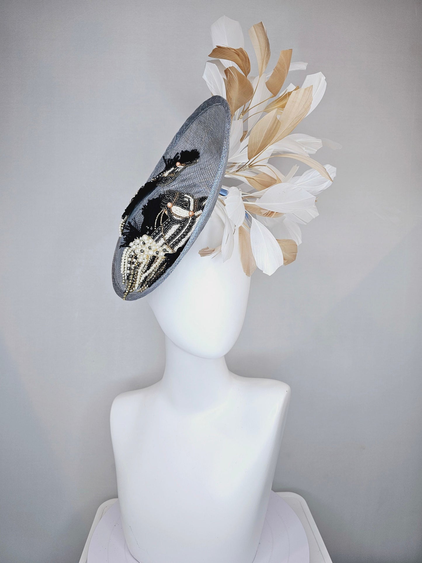 kentucky derby hat fascinator light blue sinamay saucer white gold feathers embroidered black white gold beaded fringe horse decor
