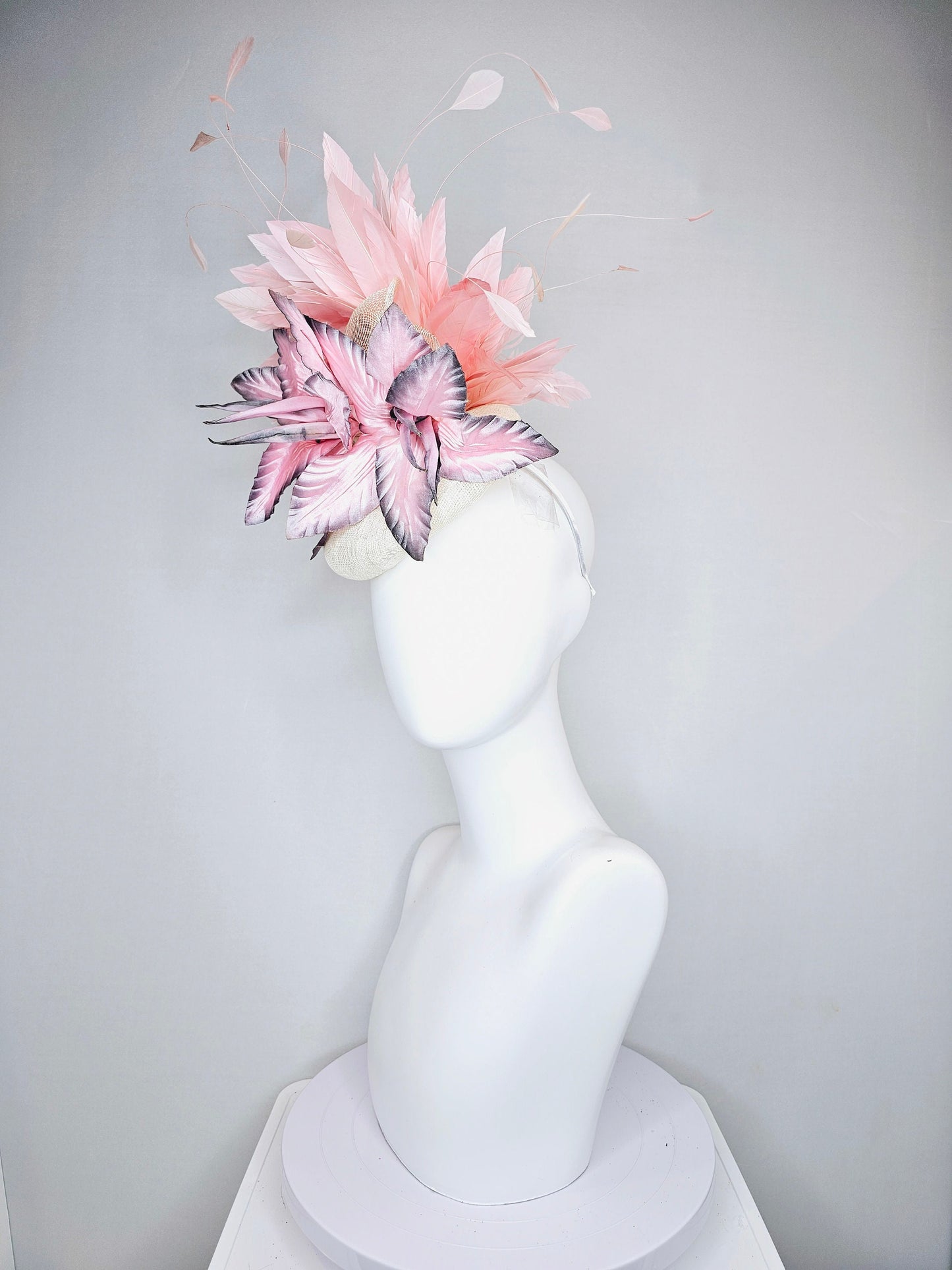 kentucky derby hat fascinator white sinamay with large pink blush gray silver flowers with light peach pink blush feathers