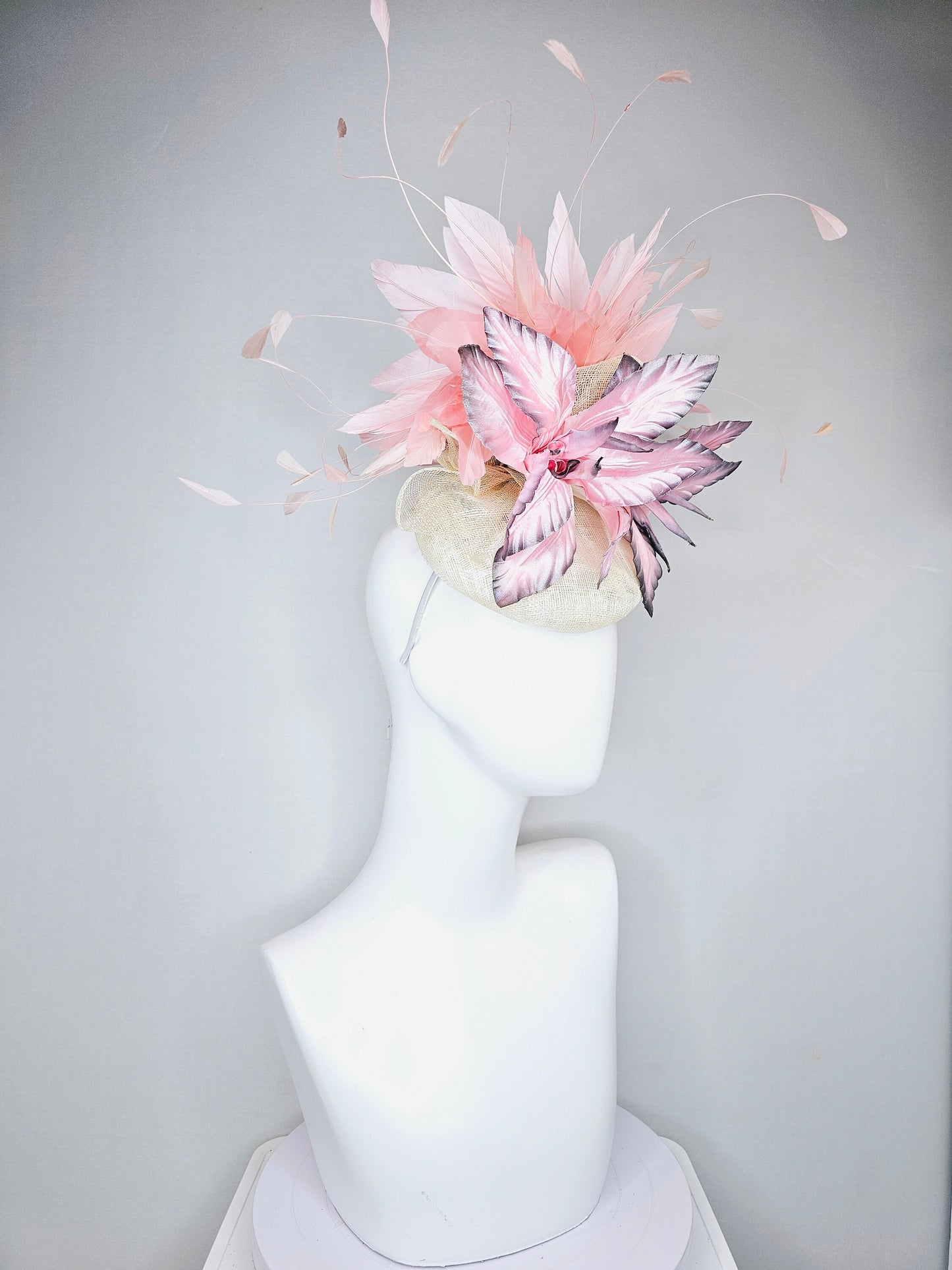 kentucky derby hat fascinator white sinamay with large pink blush gray silver flowers with light peach pink blush feathers