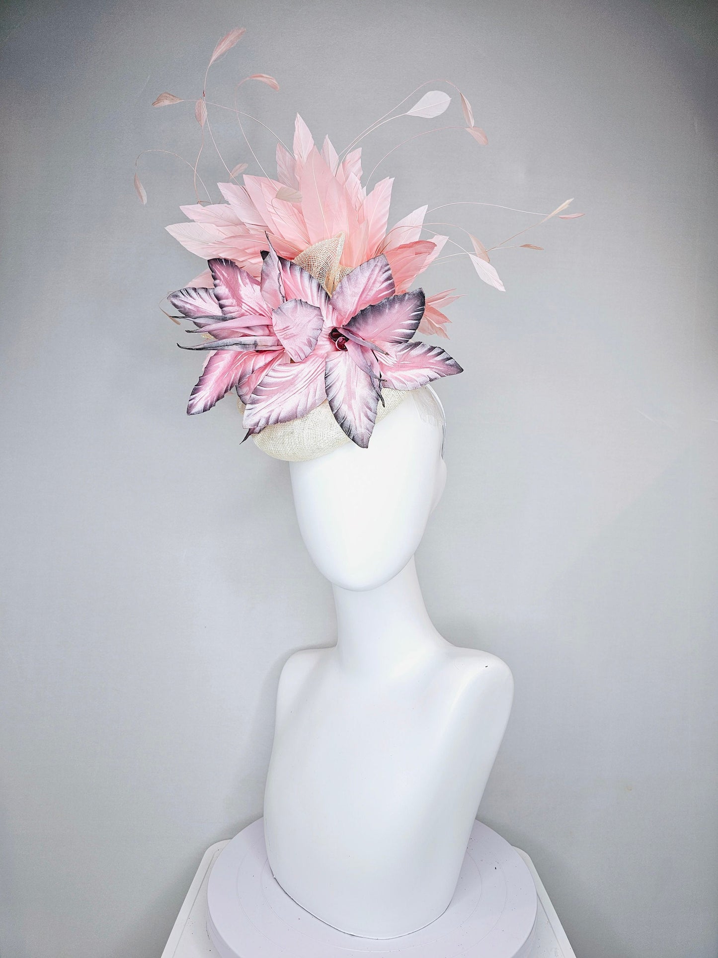 kentucky derby hat fascinator white sinamay with large pink blush gray silver flowers with light peach pink blush feathers