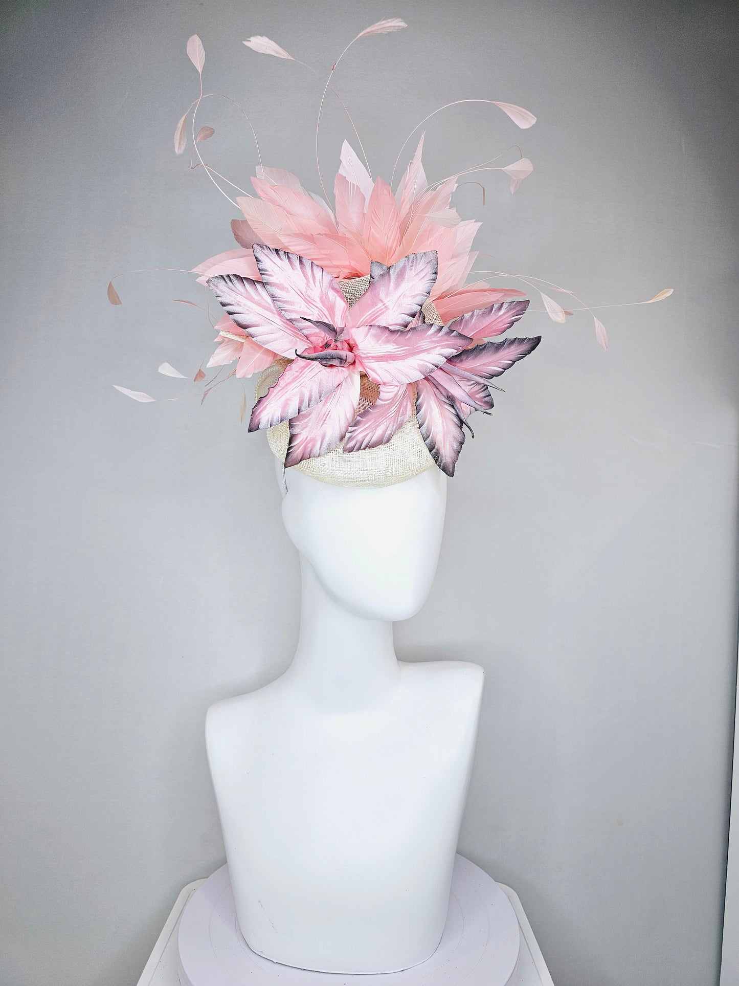 kentucky derby hat fascinator white sinamay with large pink blush gray silver flowers with light peach pink blush feathers