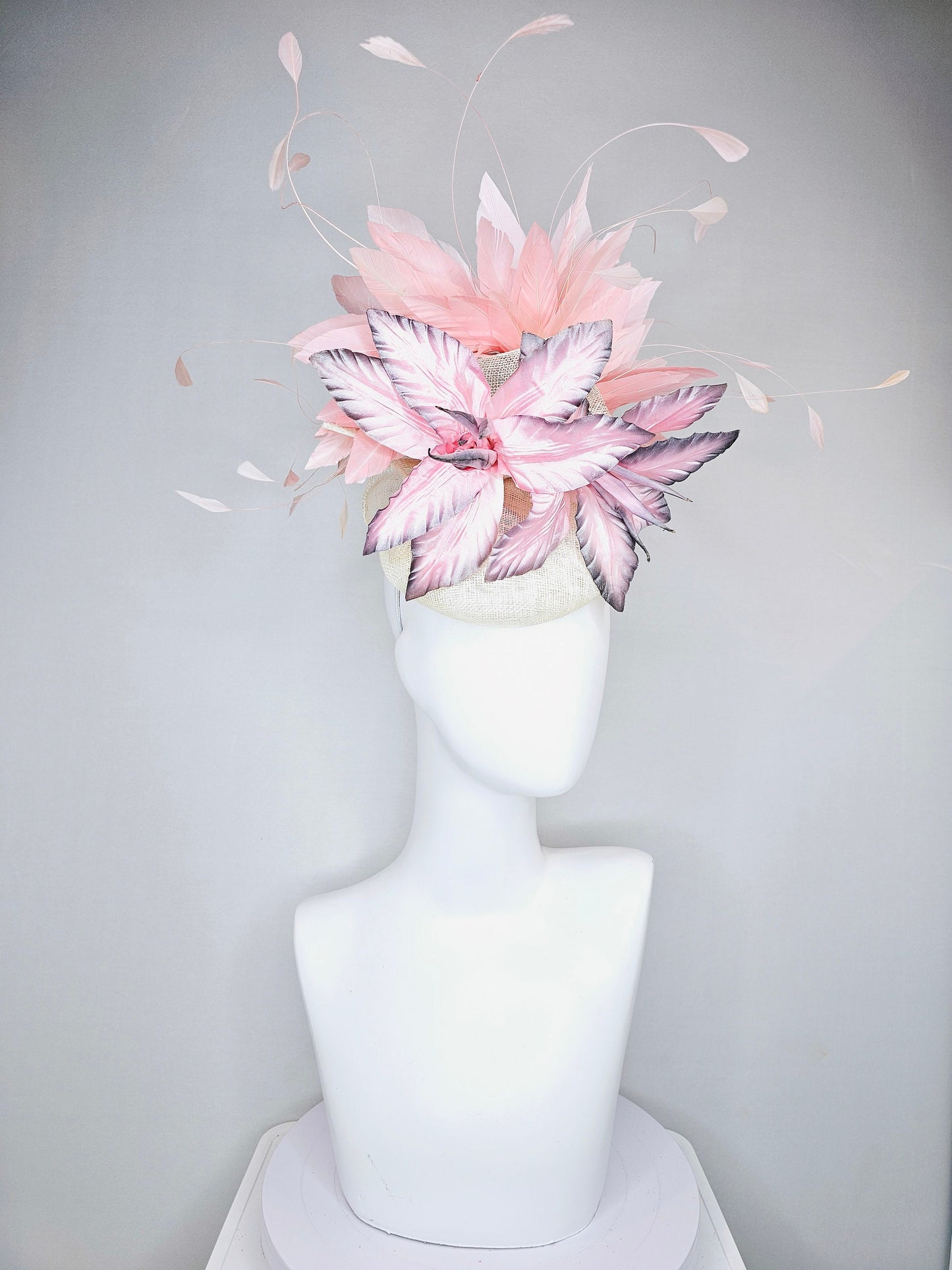 kentucky derby hat fascinator white sinamay with large pink blush gray silver flowers with light peach pink blush feathers