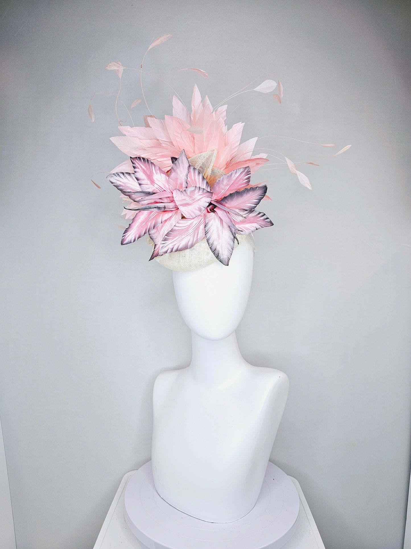 kentucky derby hat fascinator white sinamay with large pink blush gray silver flowers with light peach pink blush feathers