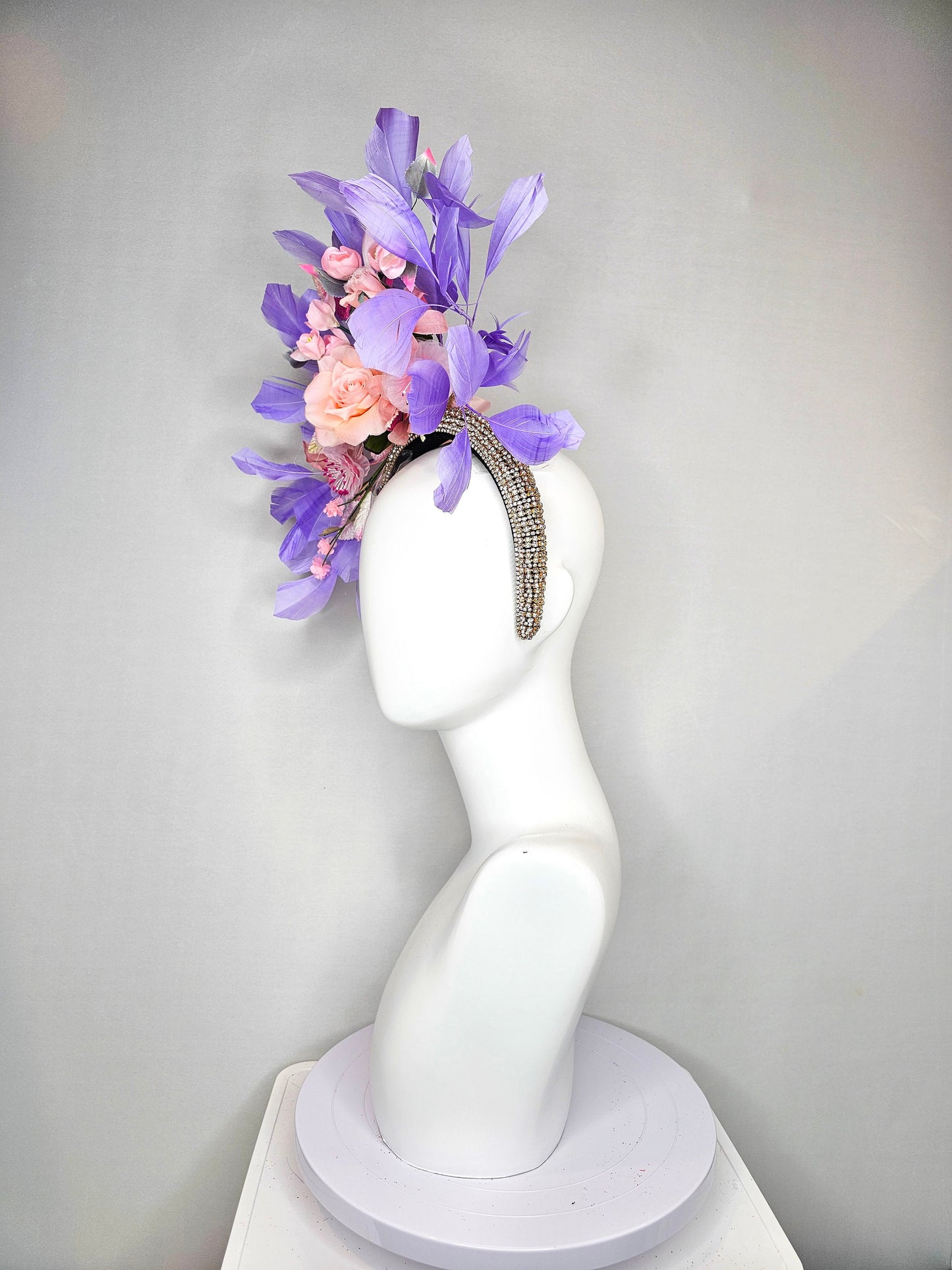 kentucky derby hat fascinator rhinestone crystal headband with light pink blush silkflowers and leaves lavender purple feathers