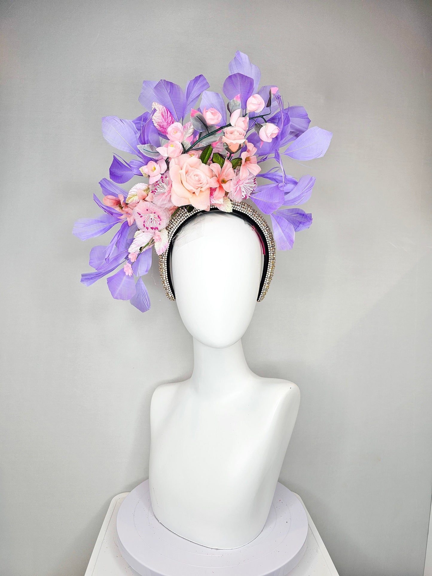 kentucky derby hat fascinator rhinestone crystal headband with light pink blush silkflowers and leaves lavender purple feathers