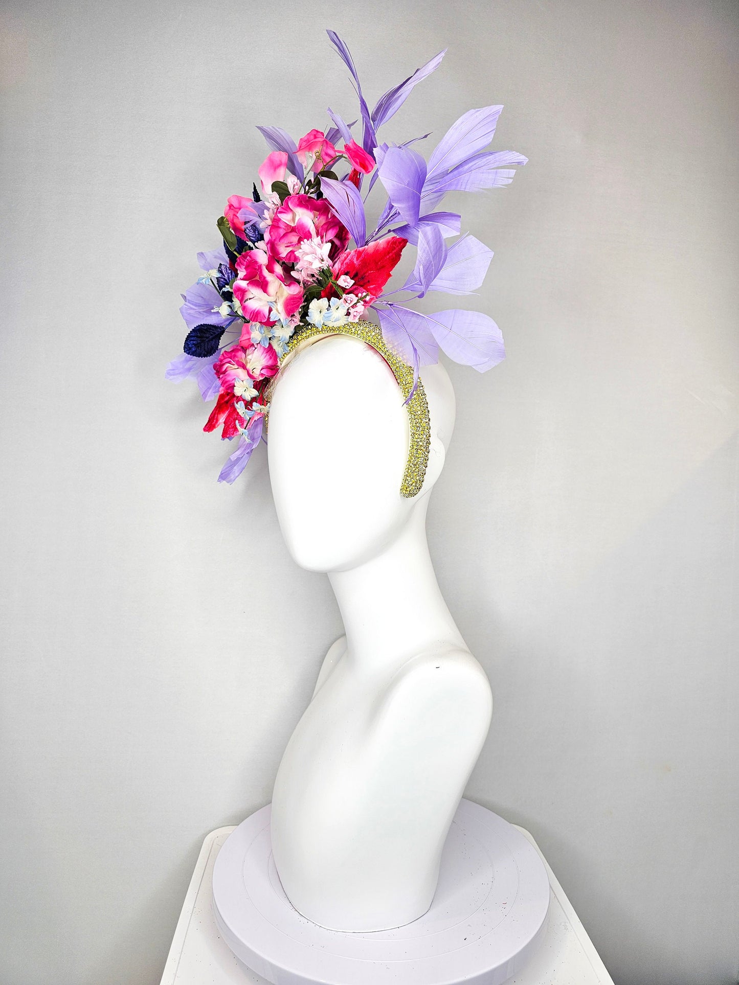 kentucky derby hat fascinator yellow rhinestone crystal headband with purple pink blue silk fuchsia flowers and leaves lavender feathers