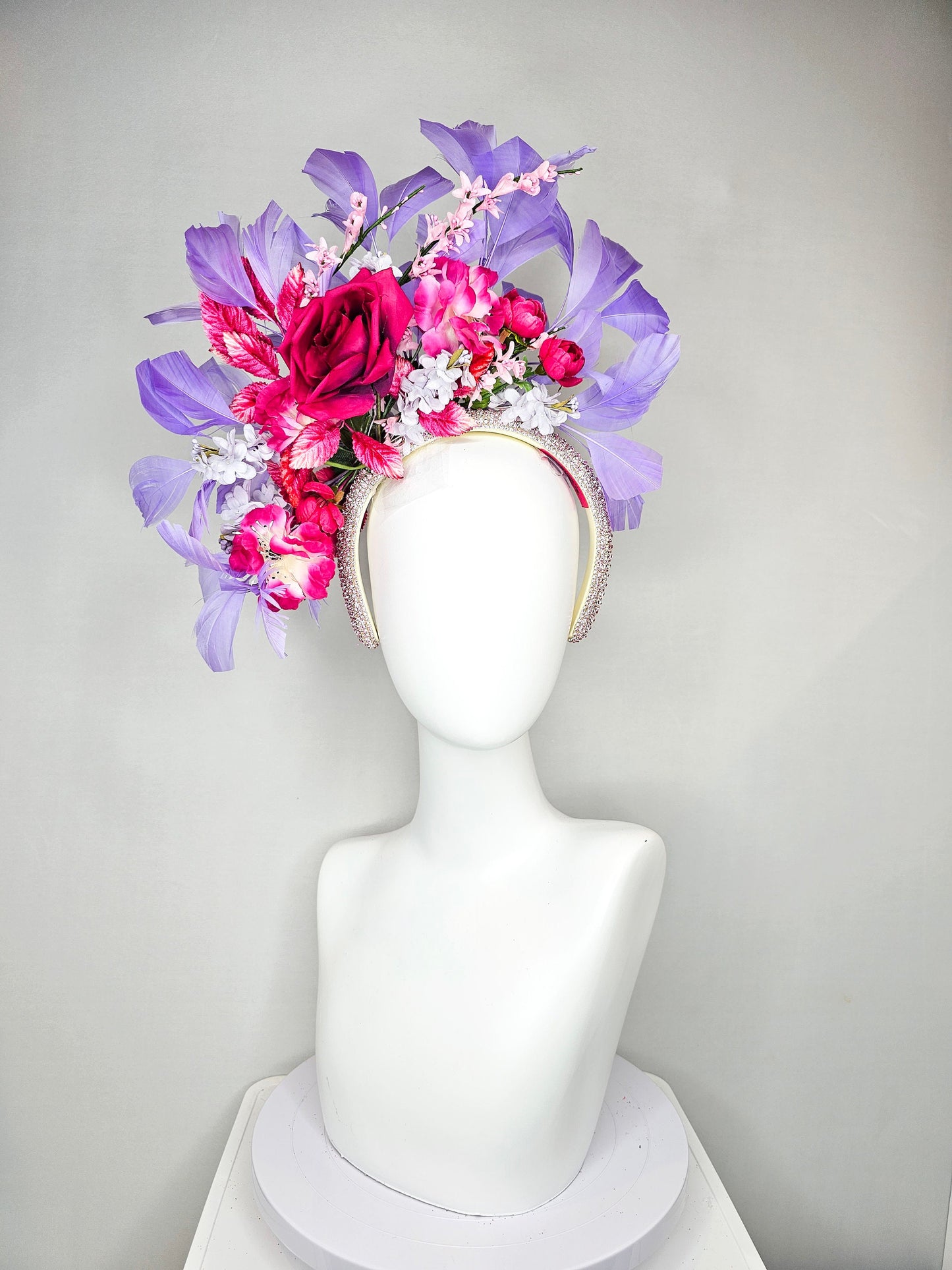 kentucky derby hat fascinator yellow rhinestone crystal headband with purple pink blue silk fuchsia flowers and leaves lavender feathers
