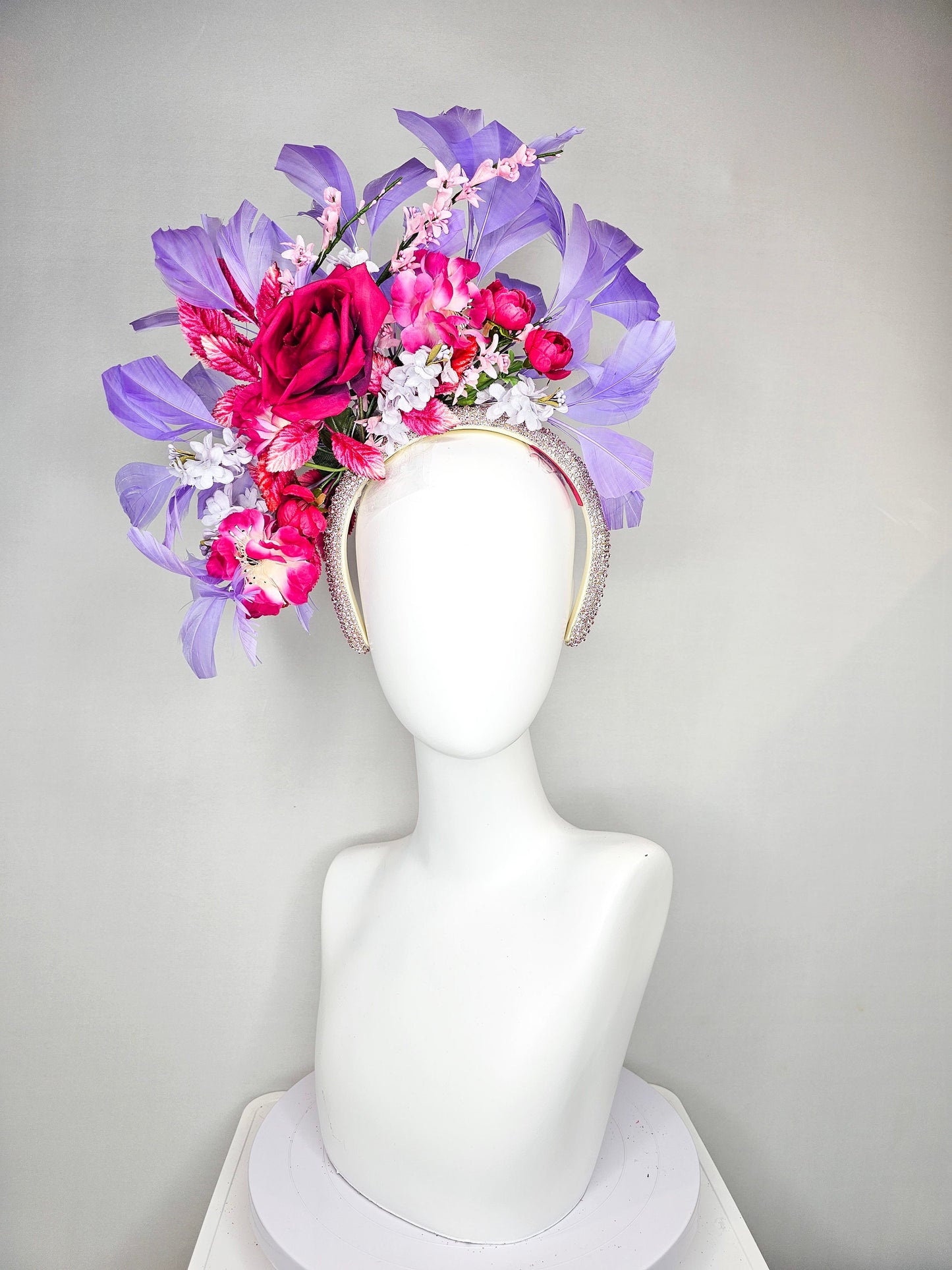 kentucky derby hat fascinator yellow rhinestone crystal headband with purple pink blue silk fuchsia flowers and leaves lavender feathers