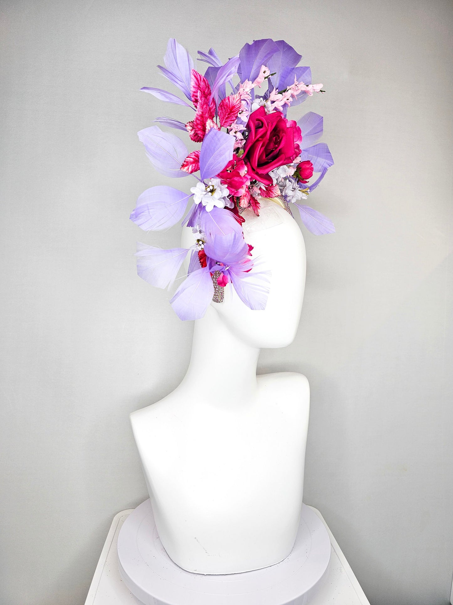 kentucky derby hat fascinator yellow rhinestone crystal headband with purple pink blue silk fuchsia flowers and leaves lavender feathers