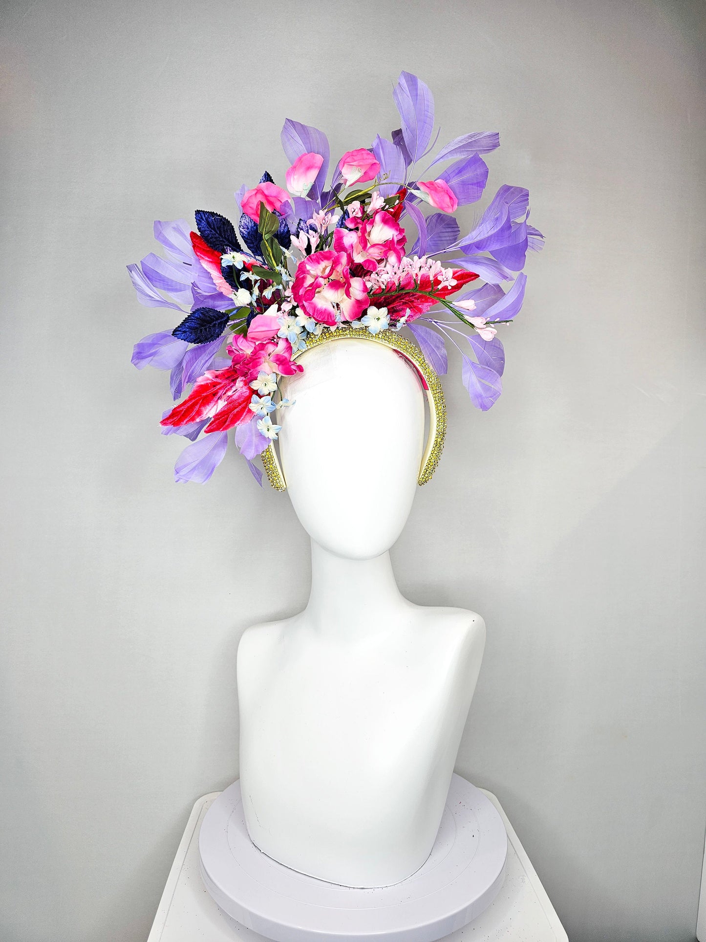 kentucky derby hat fascinator yellow rhinestone crystal headband with purple pink blue silk fuchsia flowers and leaves lavender feathers
