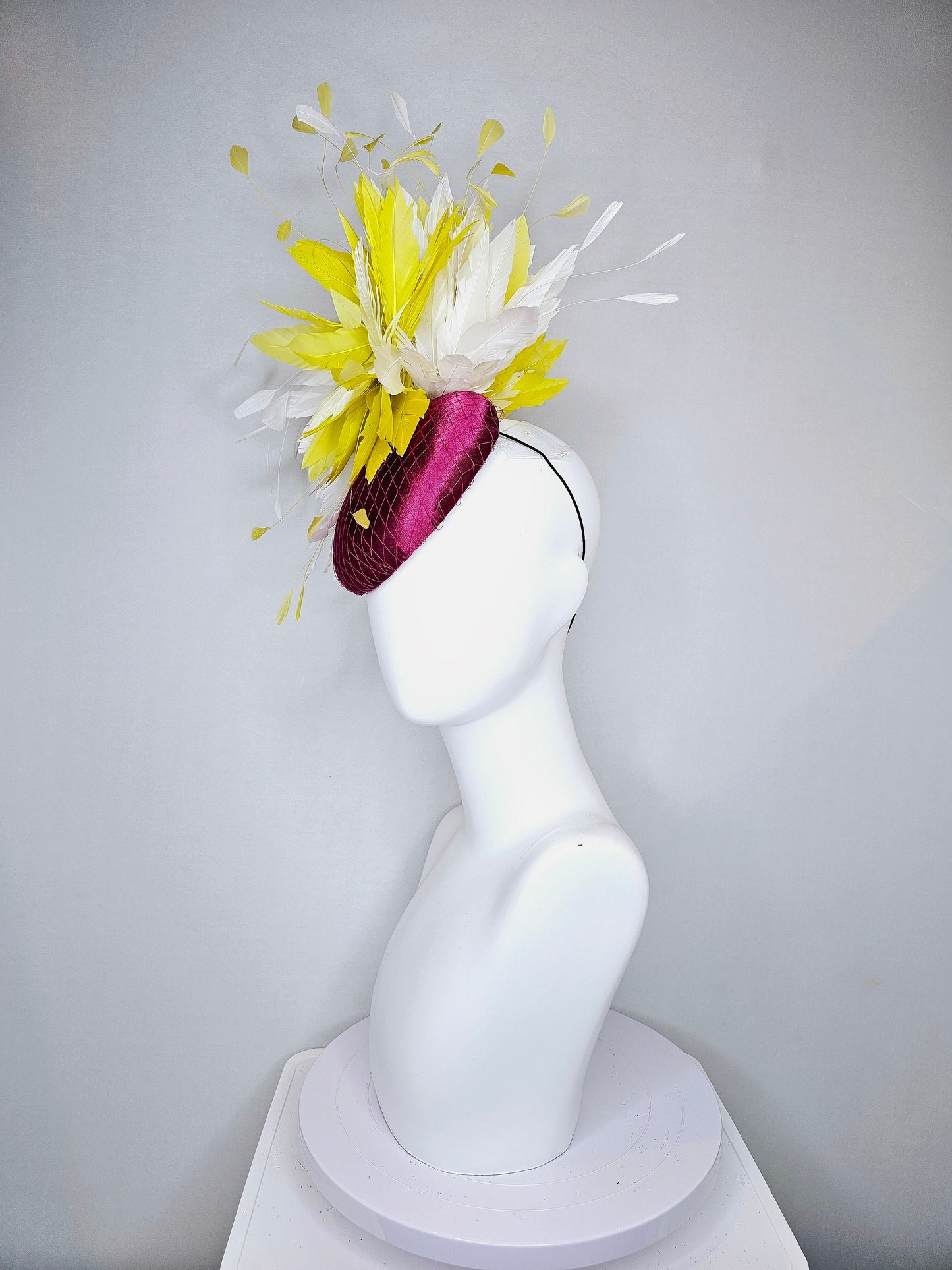 kentucky derby hat fascinator purple magenta wine satin with yellow and white feathers