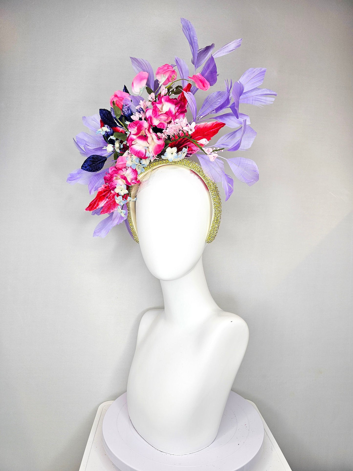 kentucky derby hat fascinator yellow rhinestone crystal headband with purple pink blue silk fuchsia flowers and leaves lavender feathers