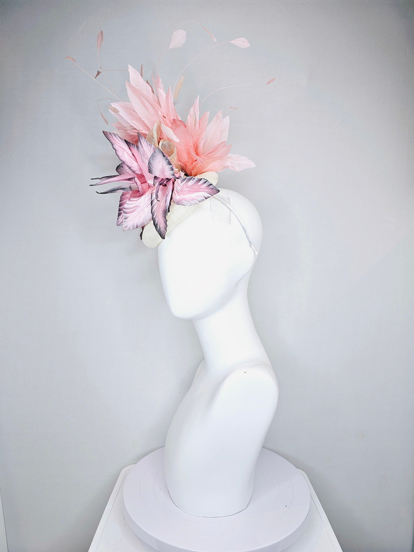 kentucky derby hat fascinator white sinamay with large pink blush gray silver flowers with light peach pink blush feathers