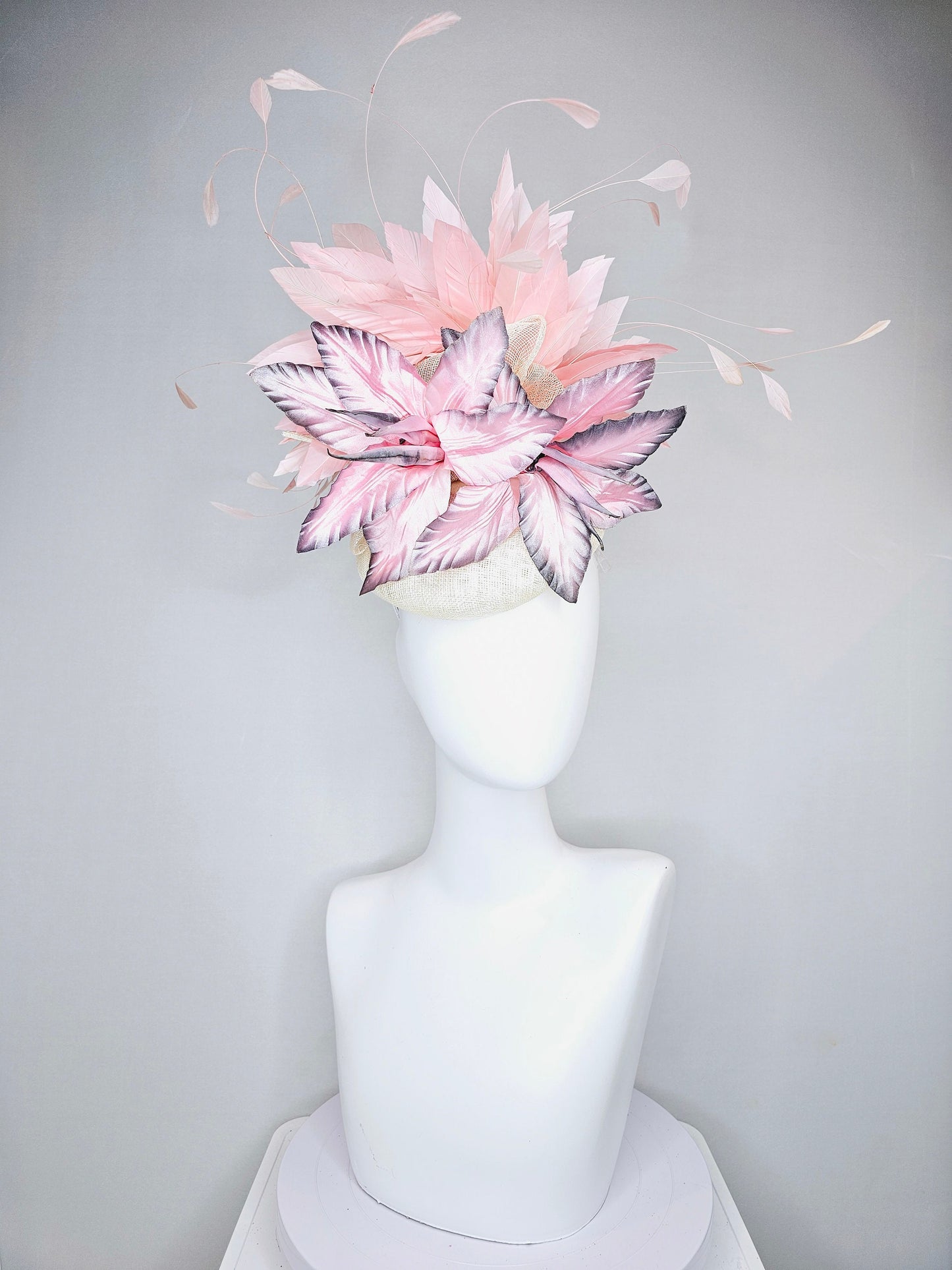 kentucky derby hat fascinator white sinamay with large pink blush gray silver flowers with light peach pink blush feathers