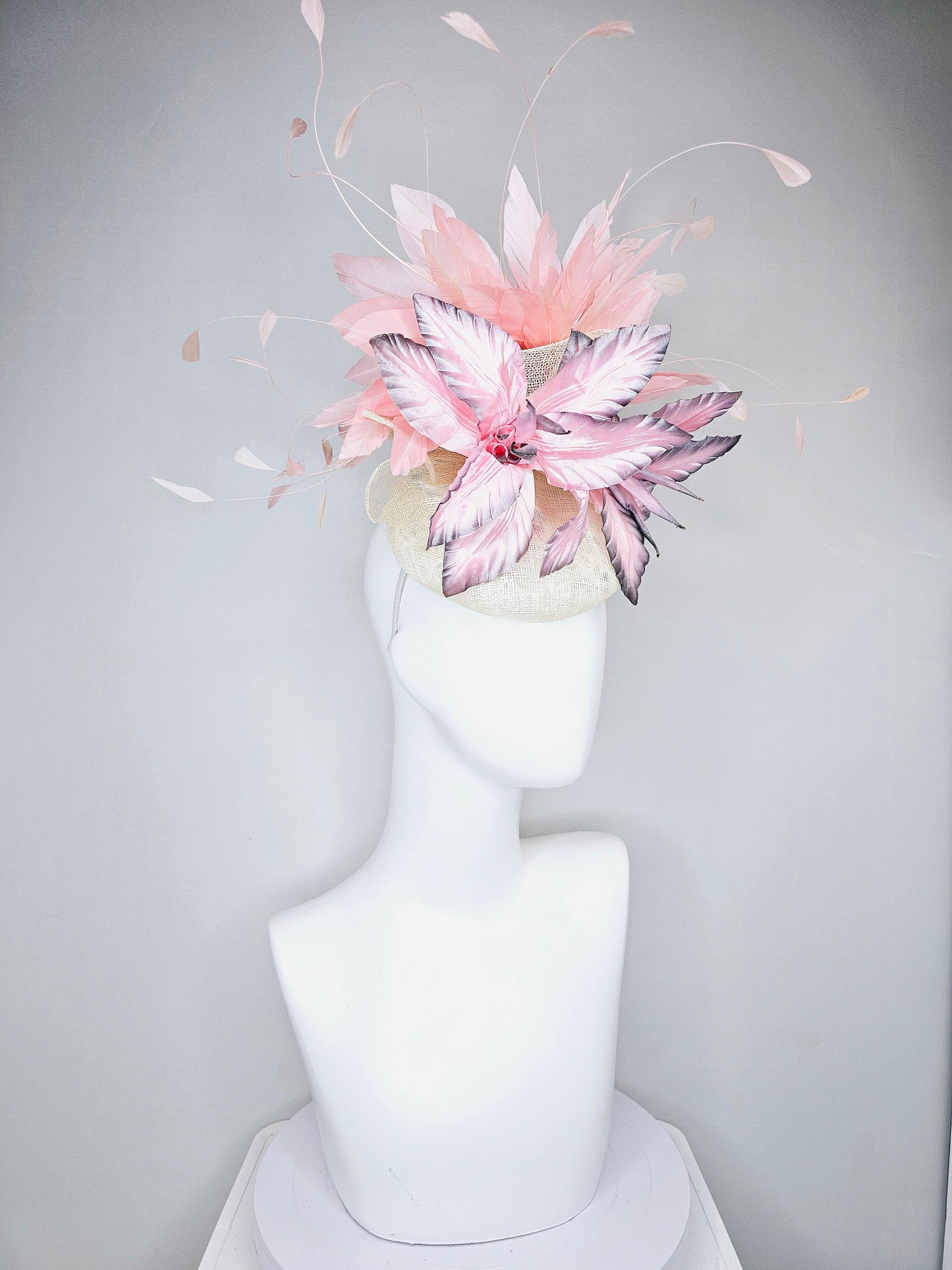 kentucky derby hat fascinator white sinamay with large pink blush gray silver flowers with light peach pink blush feathers