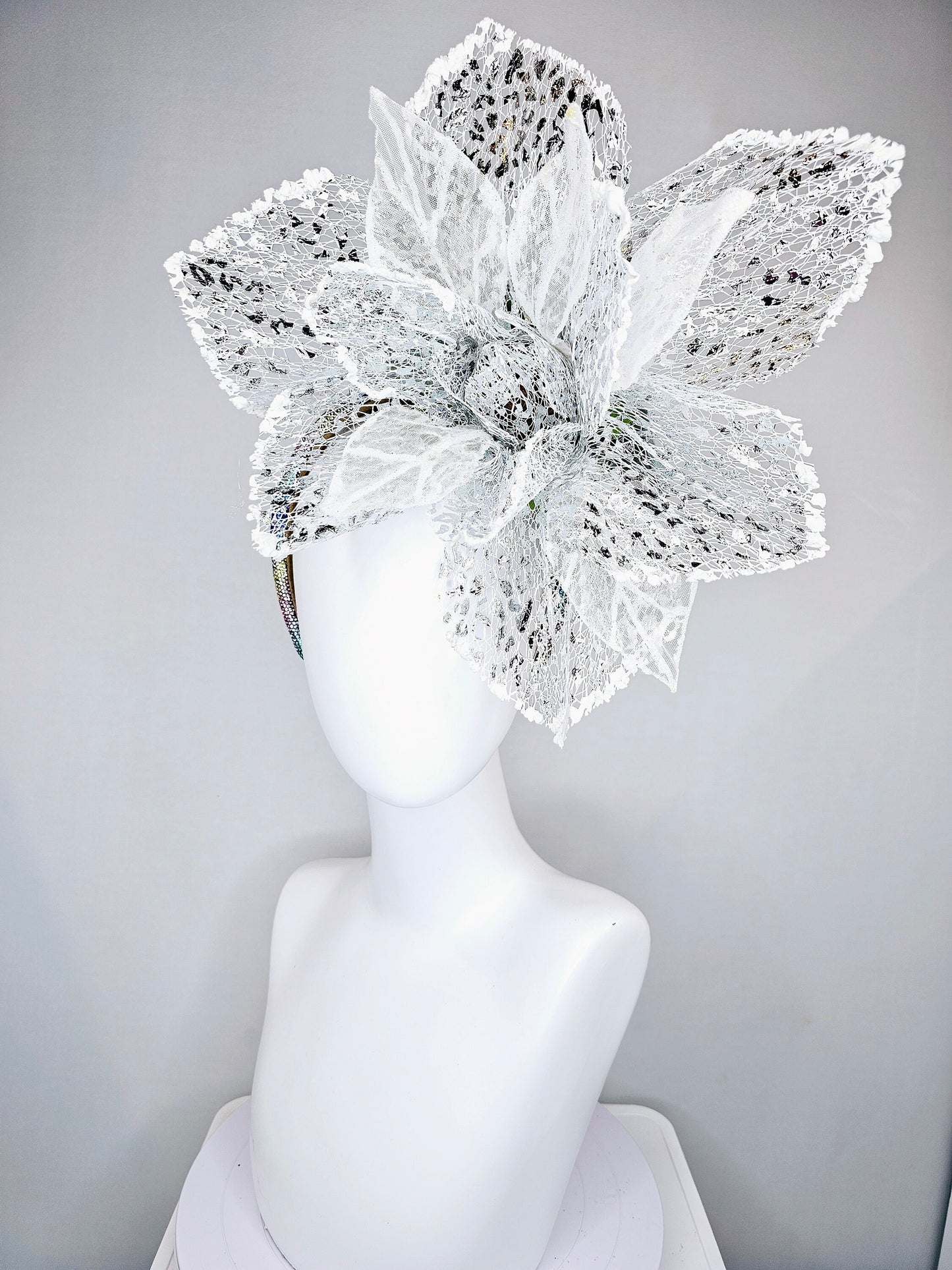 kentucky derby hat fascinator pastel colorful rainbow crystal headband with white silver lace mesh large flower