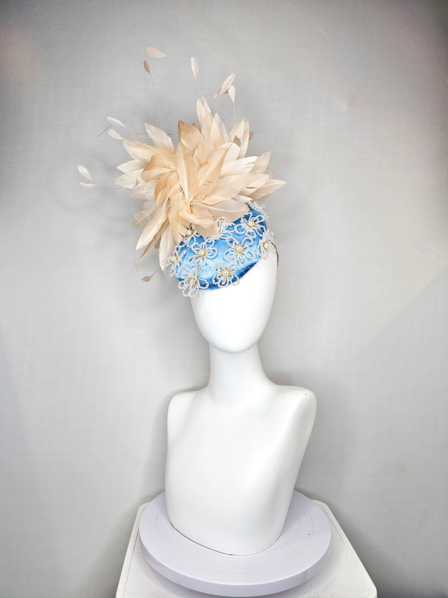 kentucky derby hat fascinator hat light blue satin with large apricot champagne peach feathers with beige gold white pearl beaded flowers