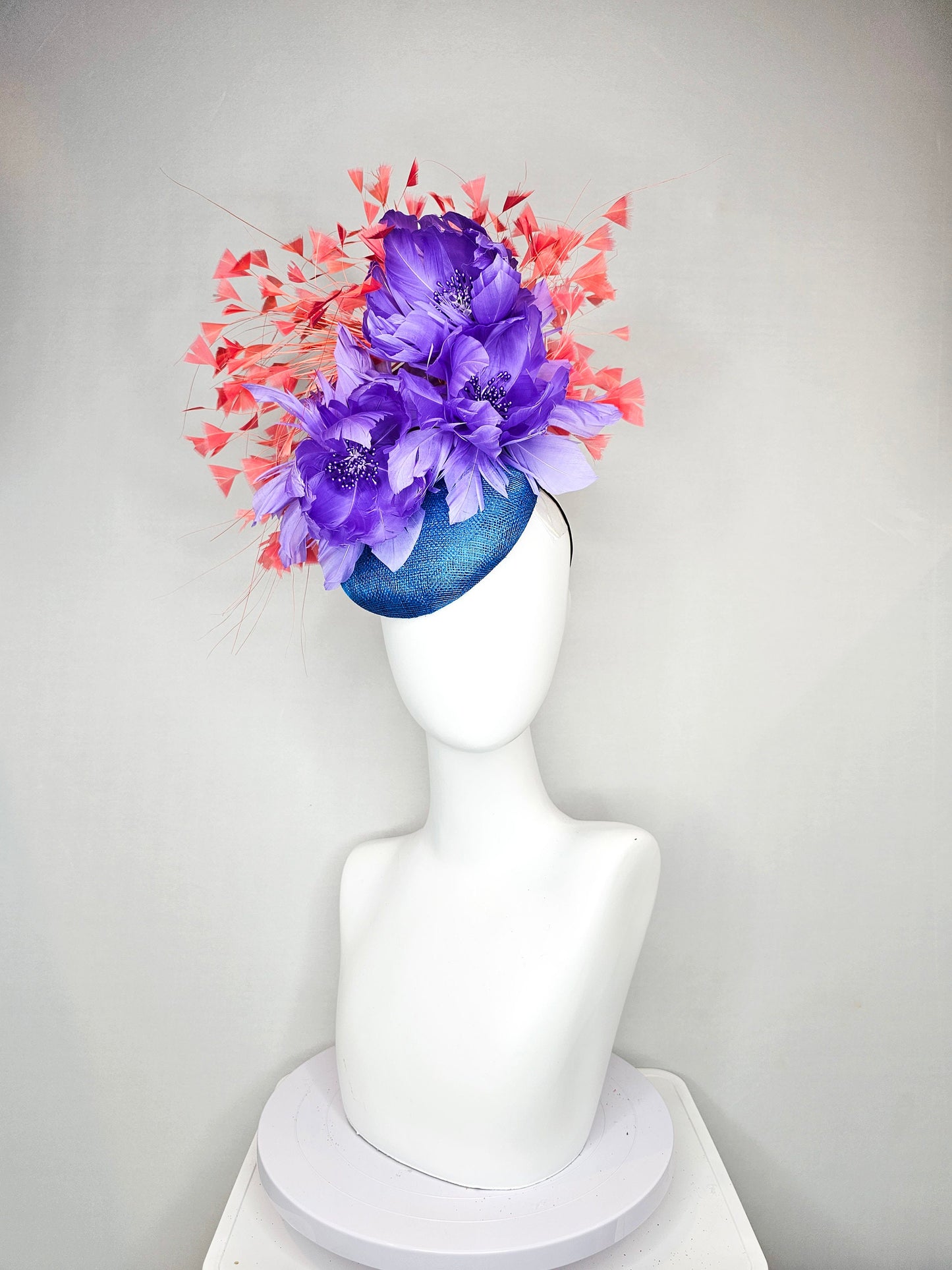 kentucky derby hat fascinator turquoise blue sinamay orange coral feathers and lavender purple fluffy feather flowers