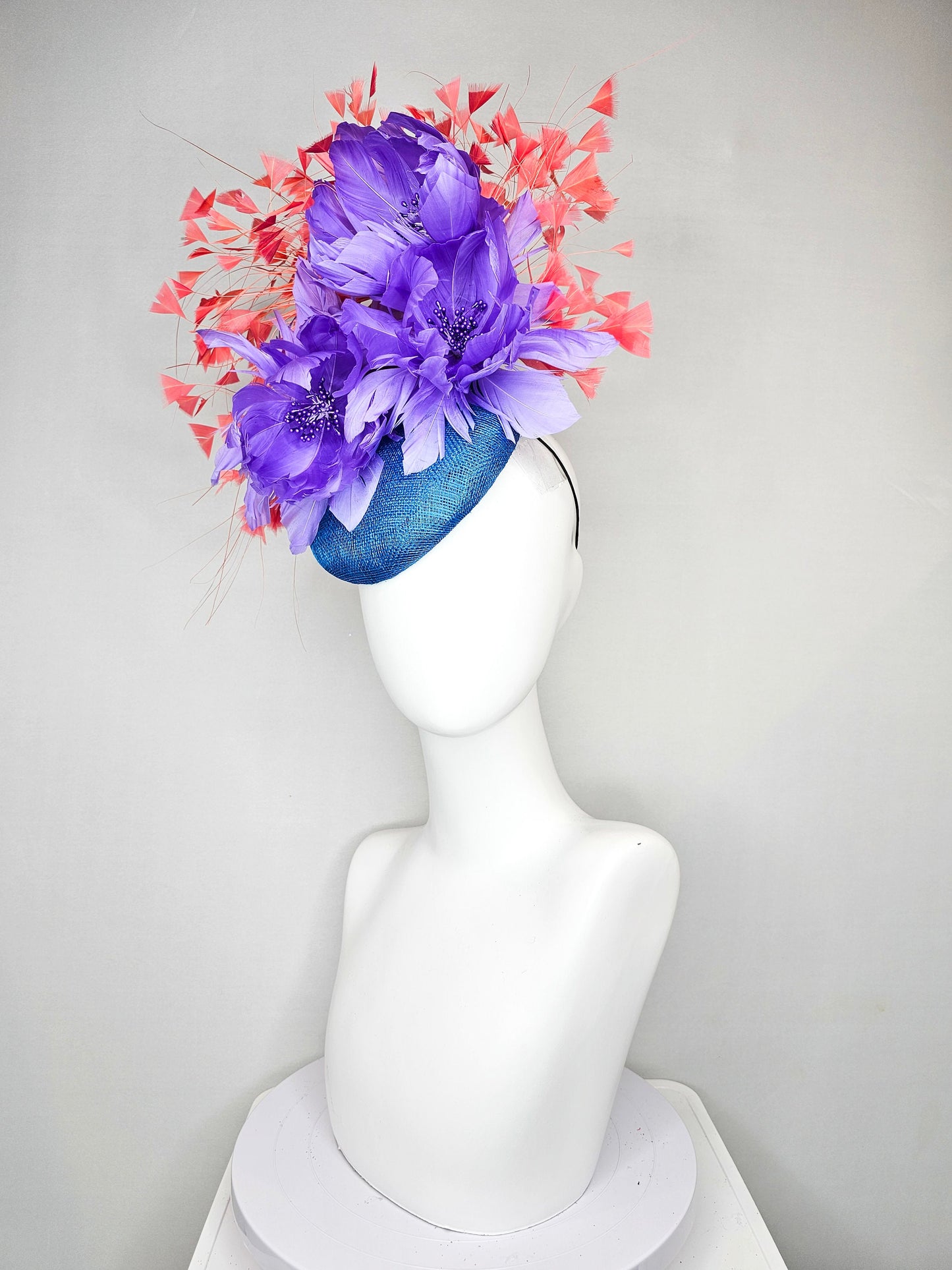kentucky derby hat fascinator turquoise blue sinamay orange coral feathers and lavender purple fluffy feather flowers