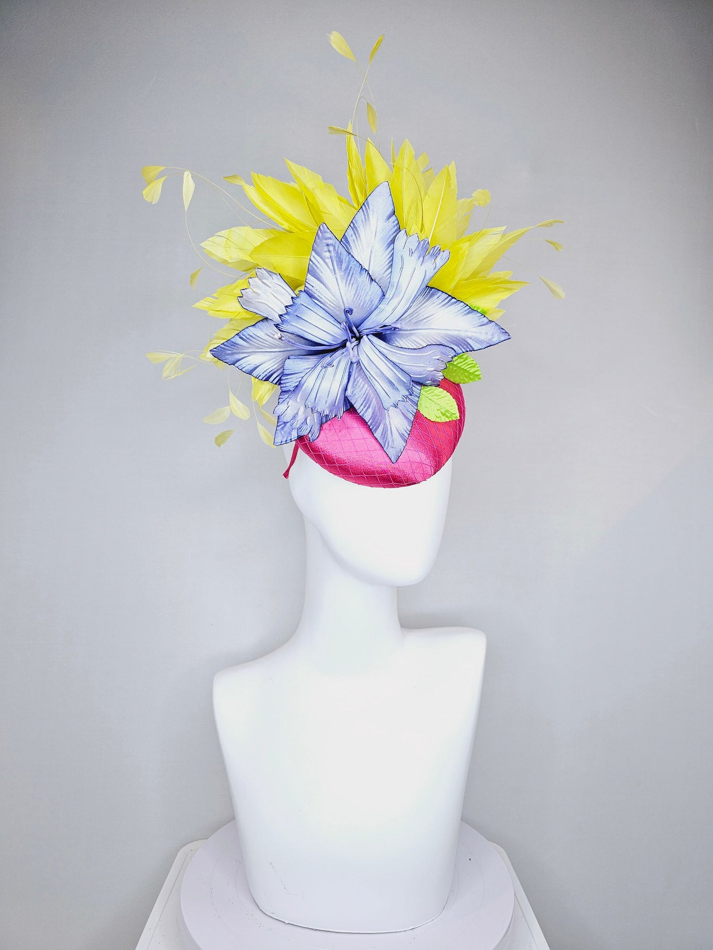 kentucky derby hat fascinator hot pink satin with large blue wired satin flower with yellow feathers