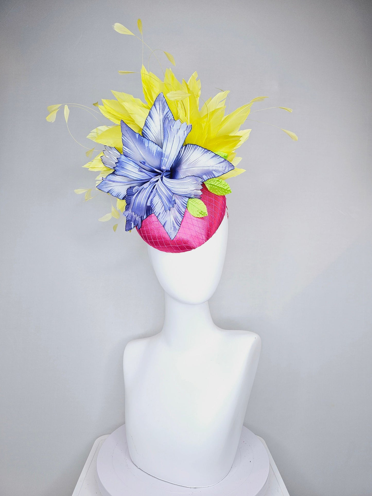 kentucky derby hat fascinator hot pink satin with large blue wired satin flower with yellow feathers