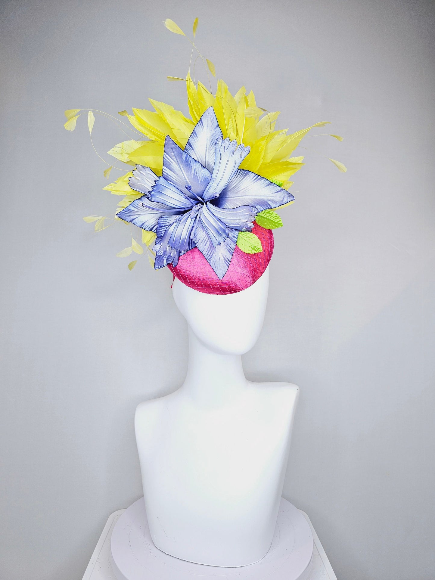 kentucky derby hat fascinator hot pink satin with large blue wired satin flower with yellow feathers