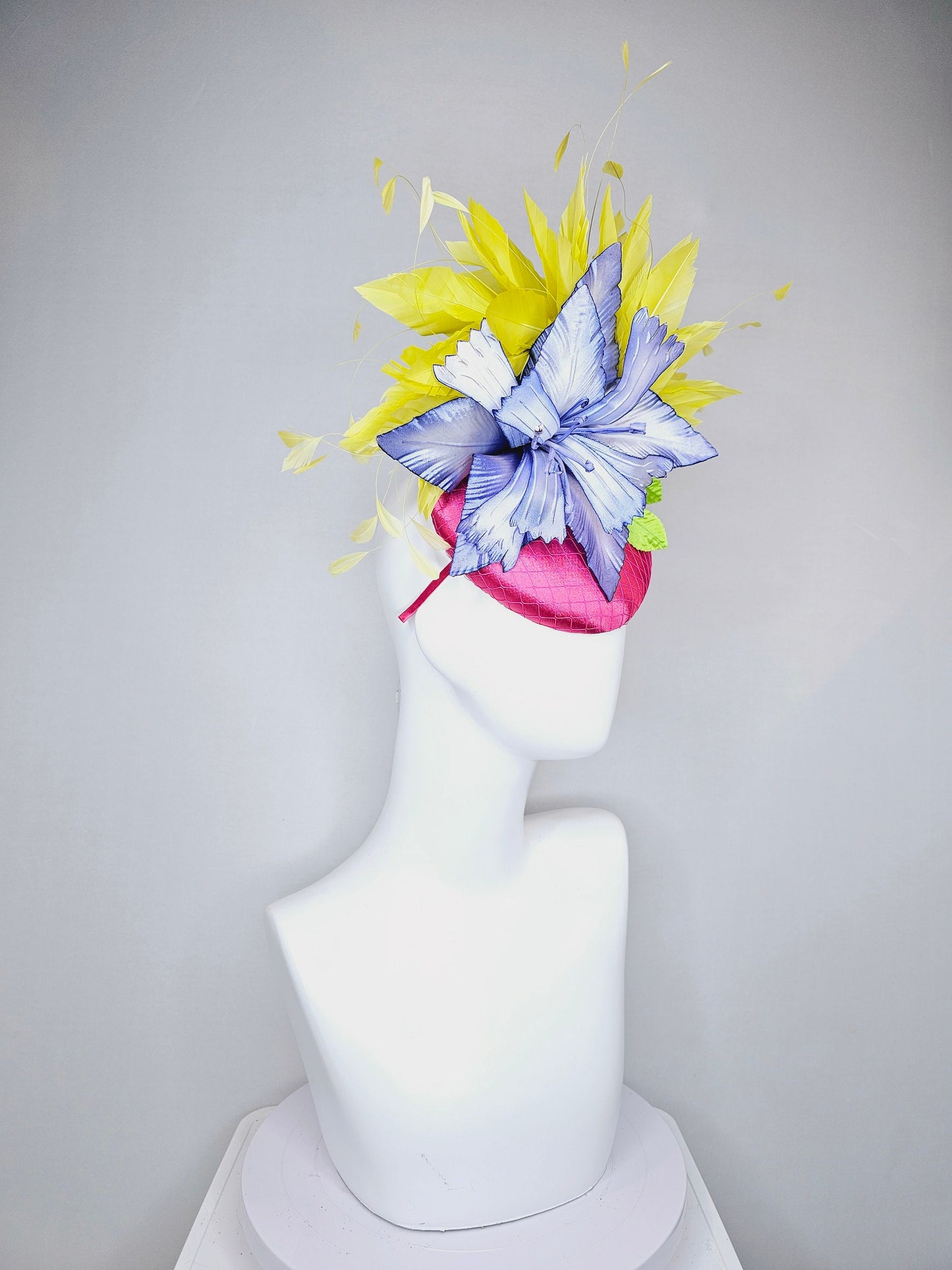 kentucky derby hat fascinator hot pink satin with large blue wired satin flower with yellow feathers