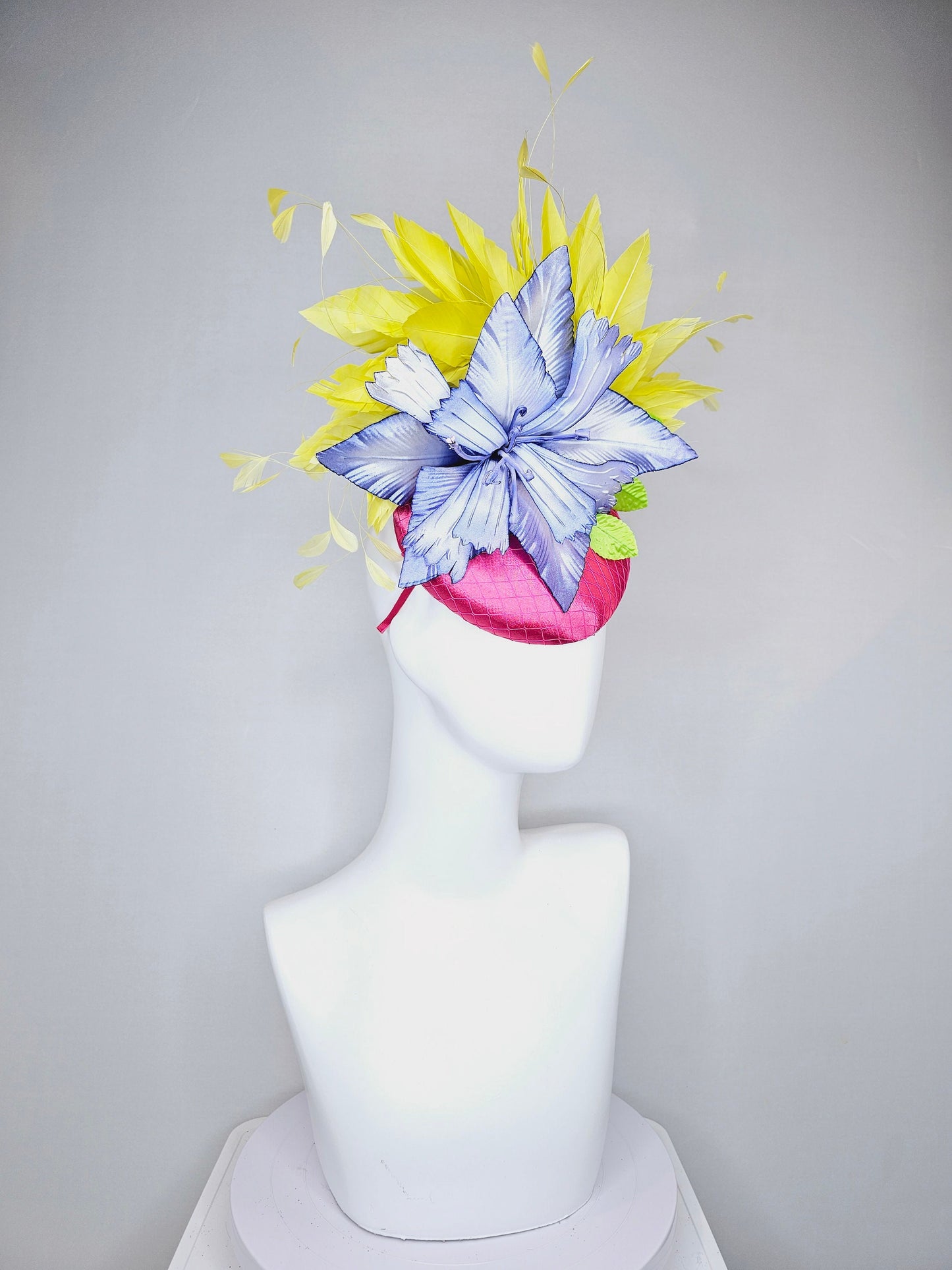 kentucky derby hat fascinator hot pink satin with large blue wired satin flower with yellow feathers