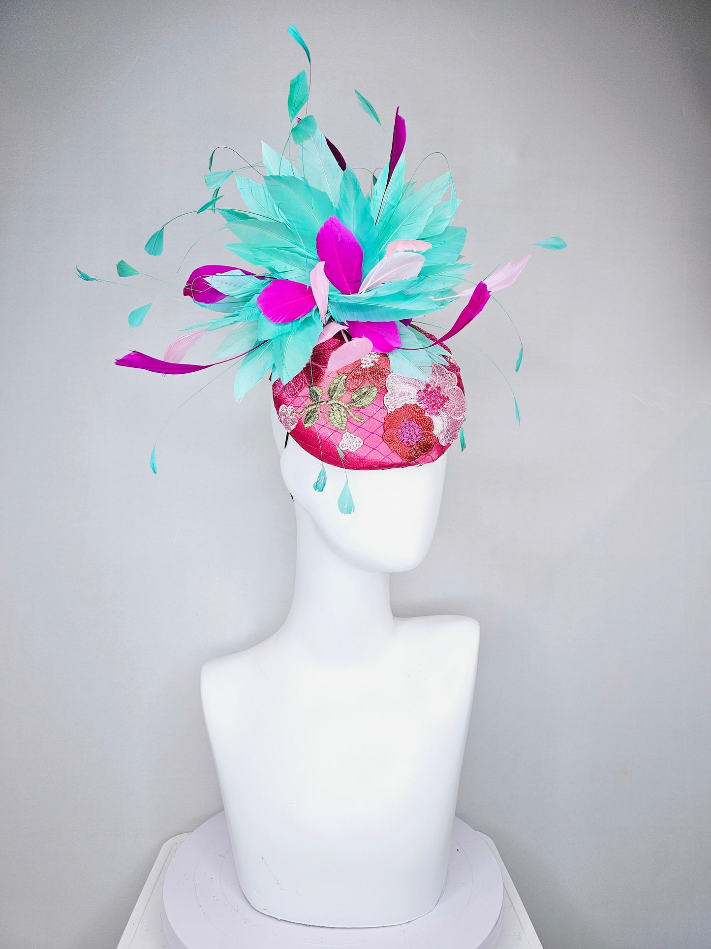 kentucky derby hat fascinator hot pink satin with embroidered colorful flowers pink green feather pouf