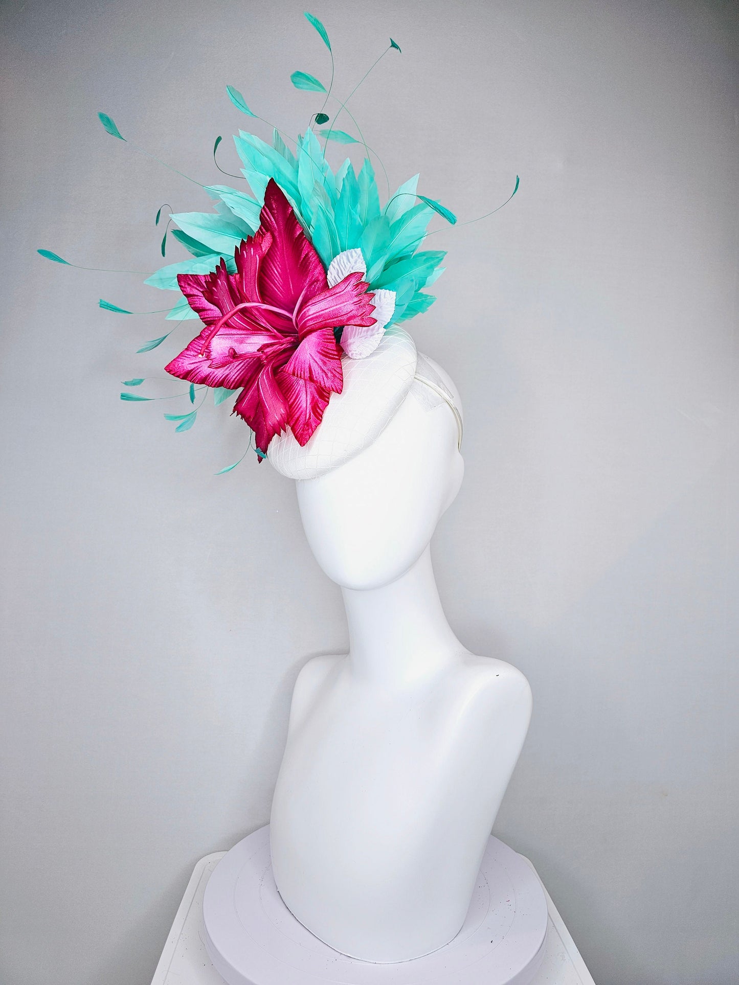 kentucky derby hat fascinator white satin bright pink fuchsia satin flower with green feathers