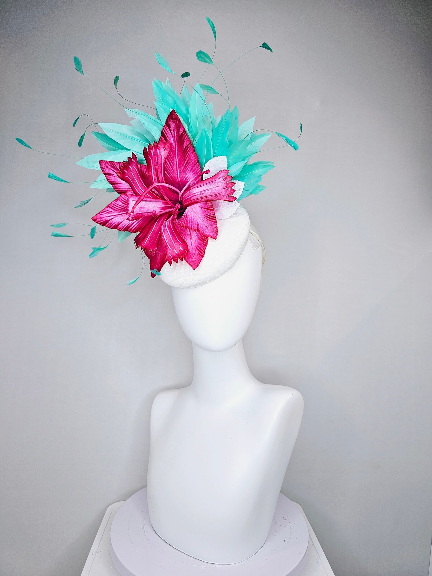 kentucky derby hat fascinator white satin bright pink fuchsia satin flower with green feathers