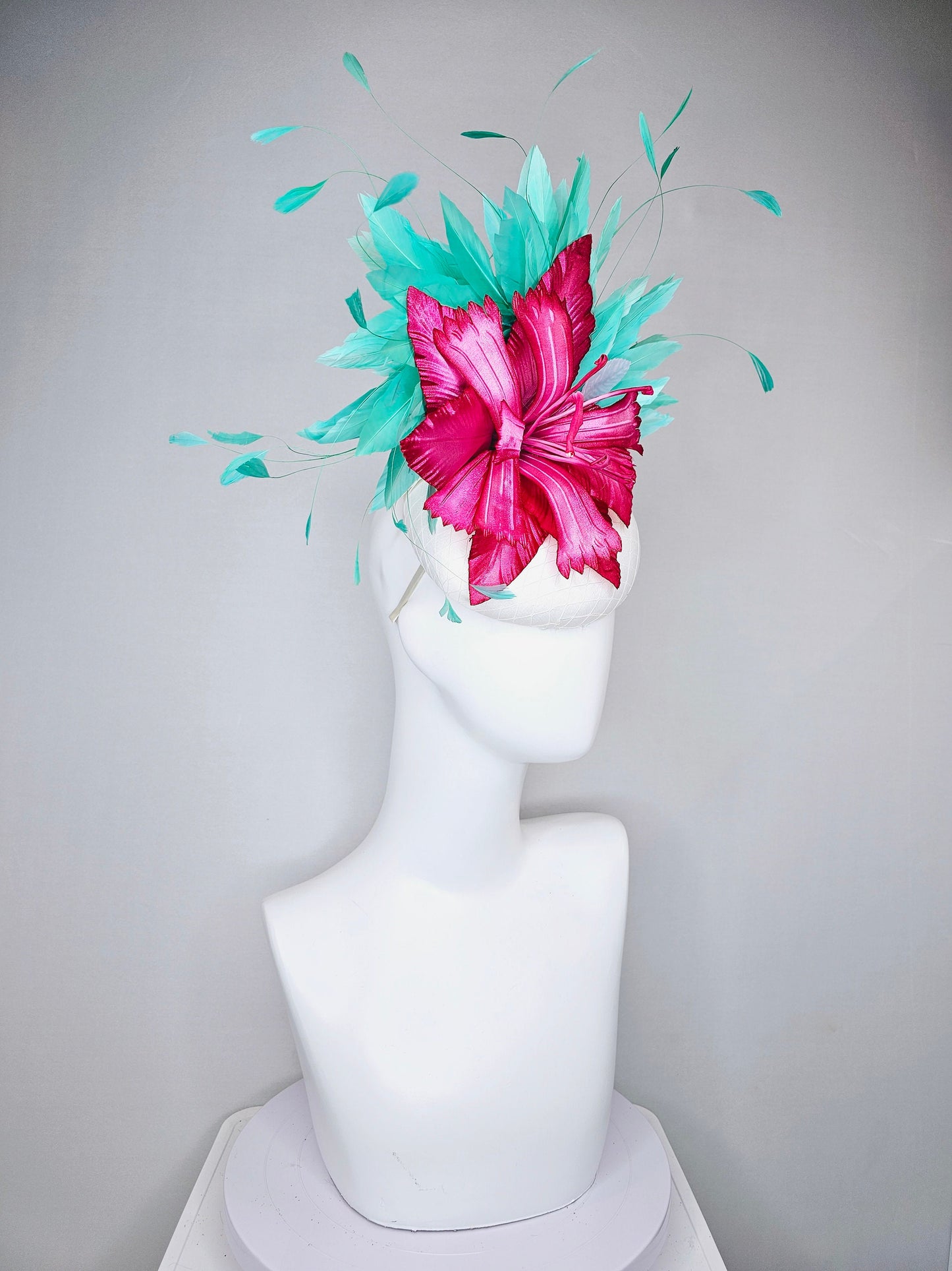 kentucky derby hat fascinator white satin bright pink fuchsia satin flower with green feathers