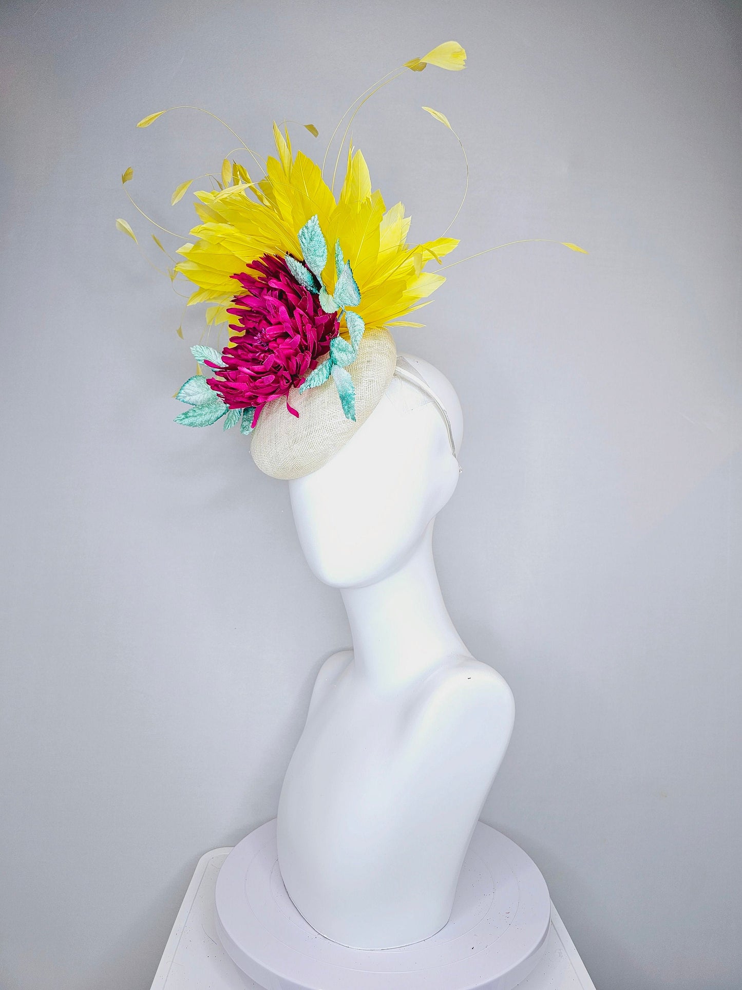 kentucky derby hat fascinator white sinamay with red pink fuchsia flower mint green velvet leaves yellow feathers