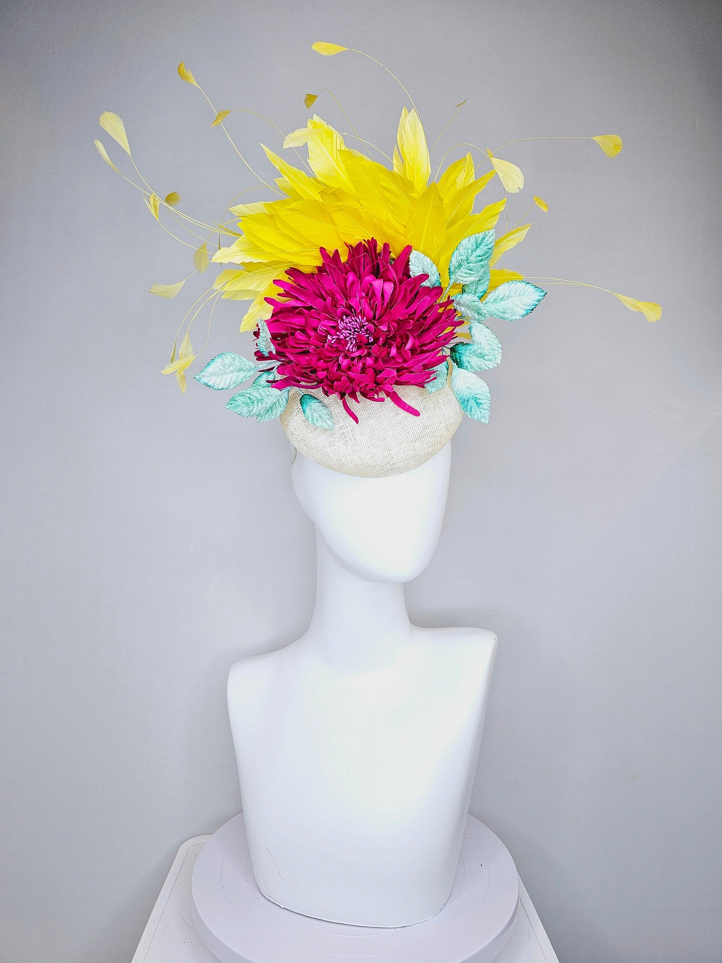 kentucky derby hat fascinator white sinamay with red pink fuchsia flower mint green velvet leaves yellow feathers