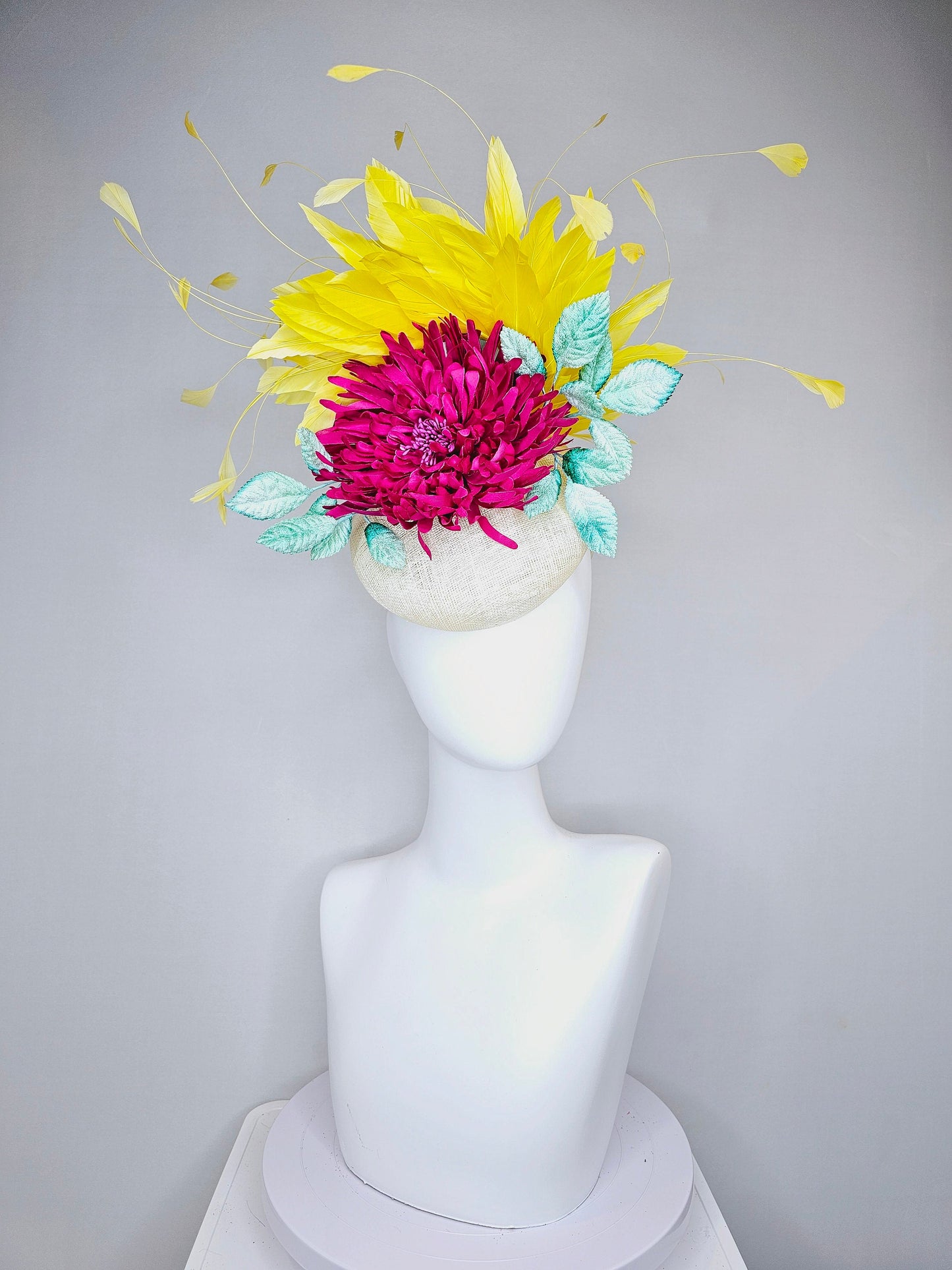 kentucky derby hat fascinator white sinamay with red pink fuchsia flower mint green velvet leaves yellow feathers