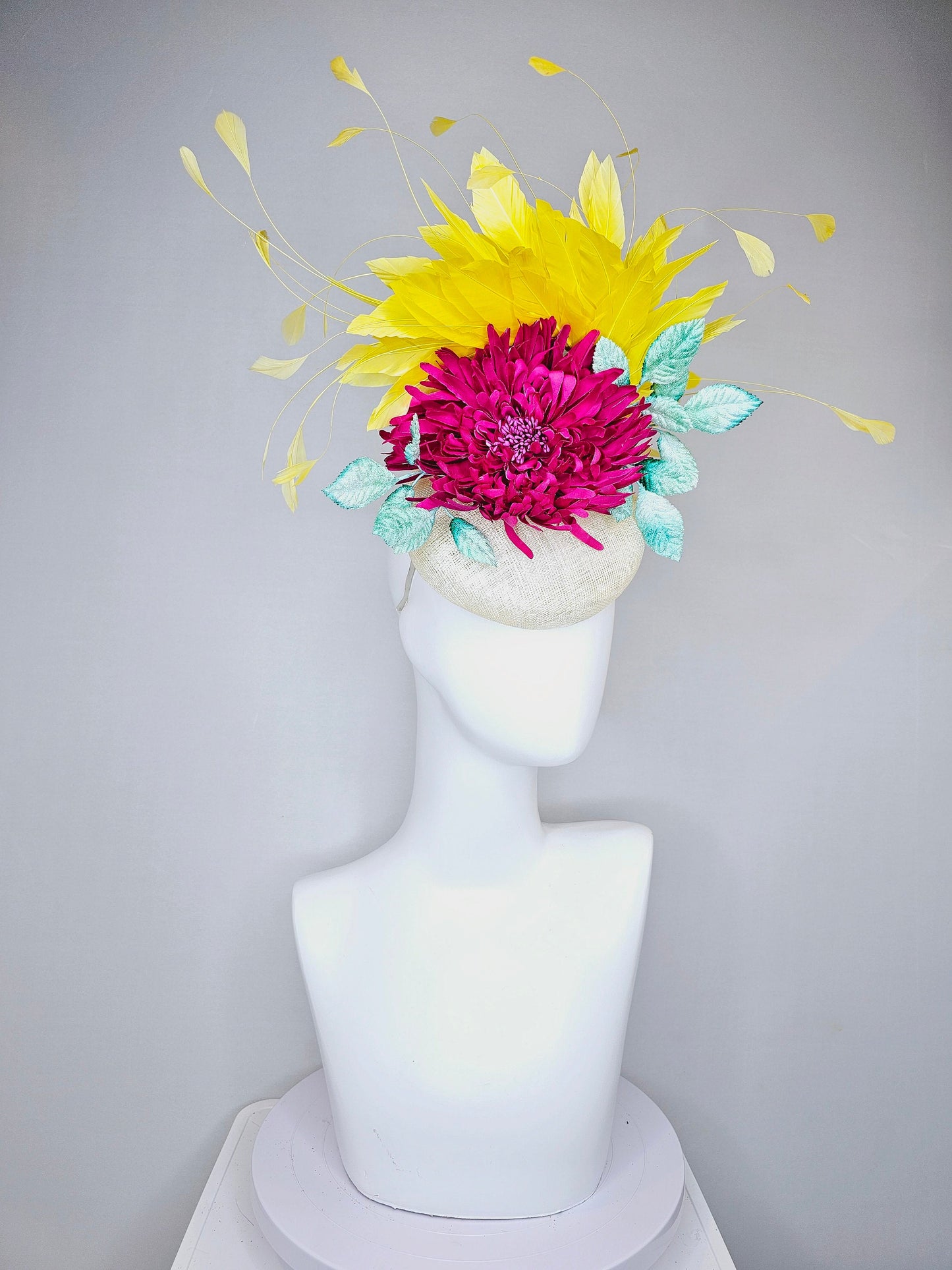 kentucky derby hat fascinator white sinamay with red pink fuchsia flower mint green velvet leaves yellow feathers