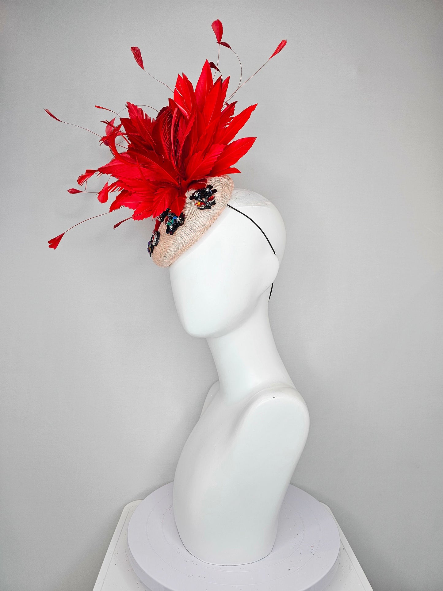 kentucky derby hat fascinator blush light pink sinamay with colorful crystal rhinestone rainbow decor with red feathers