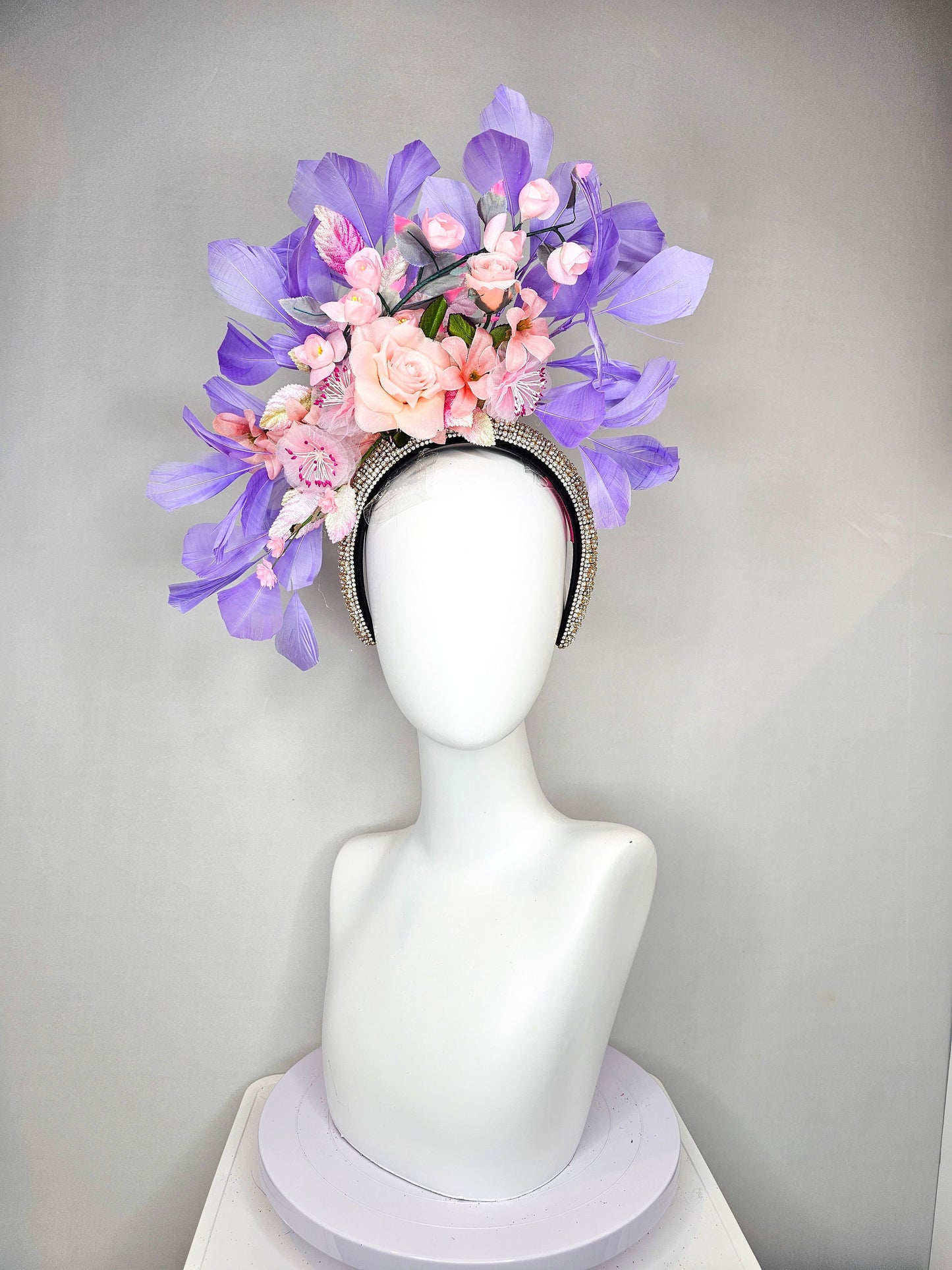 kentucky derby hat fascinator rhinestone crystal headband with light pink blush silkflowers and leaves lavender purple feathers