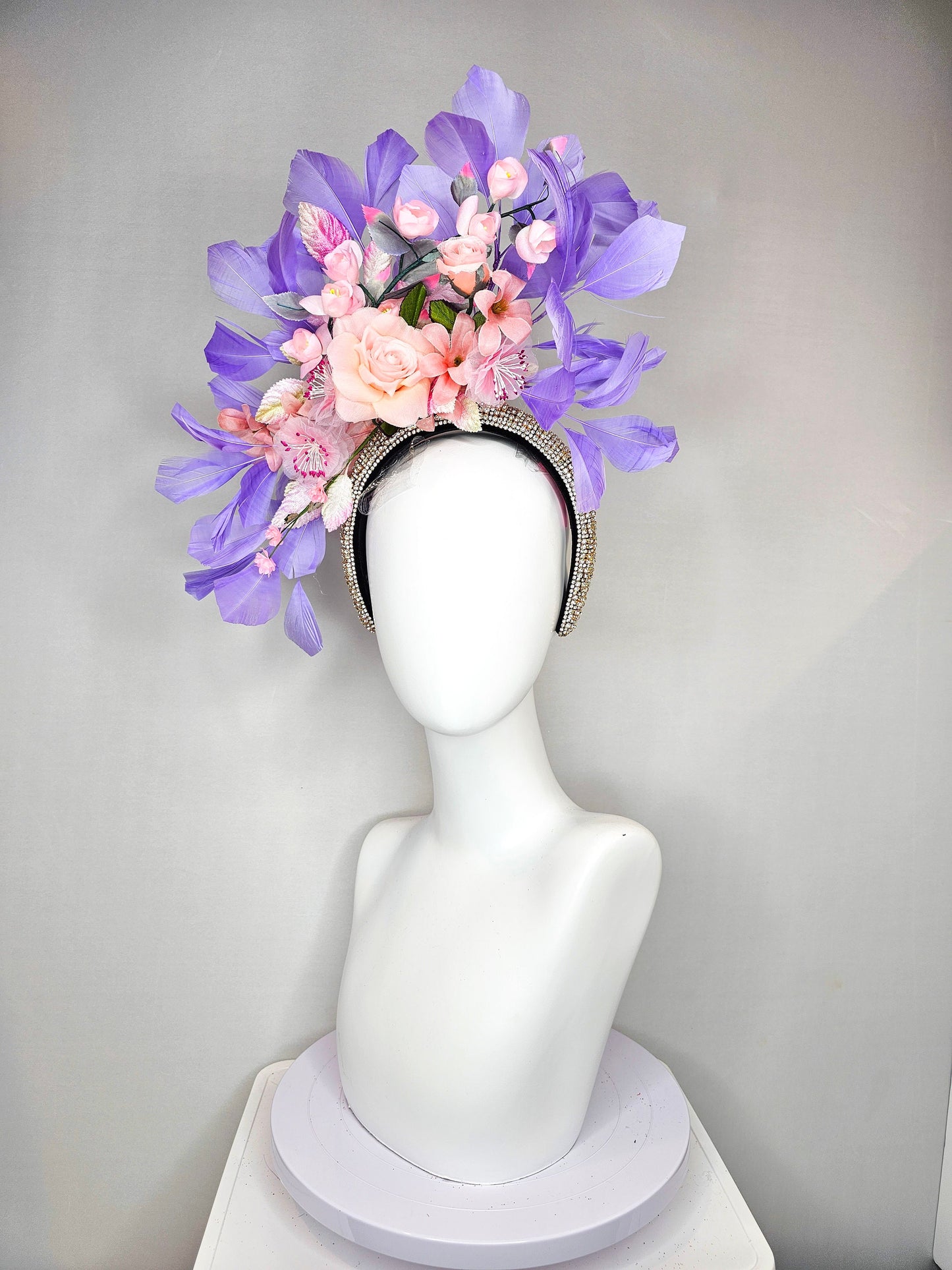 kentucky derby hat fascinator rhinestone crystal headband with light pink blush silkflowers and leaves lavender purple feathers