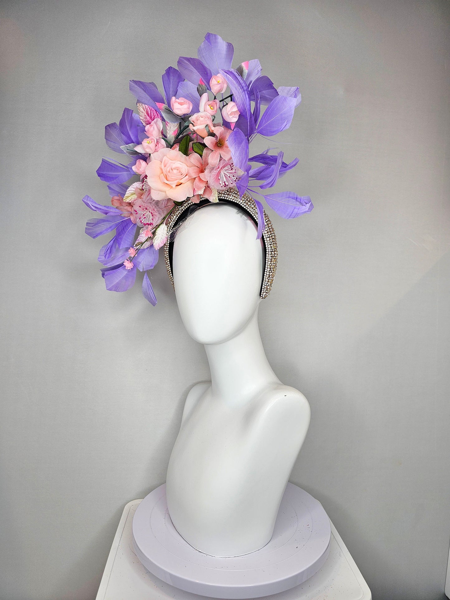 kentucky derby hat fascinator rhinestone crystal headband with light pink blush silkflowers and leaves lavender purple feathers