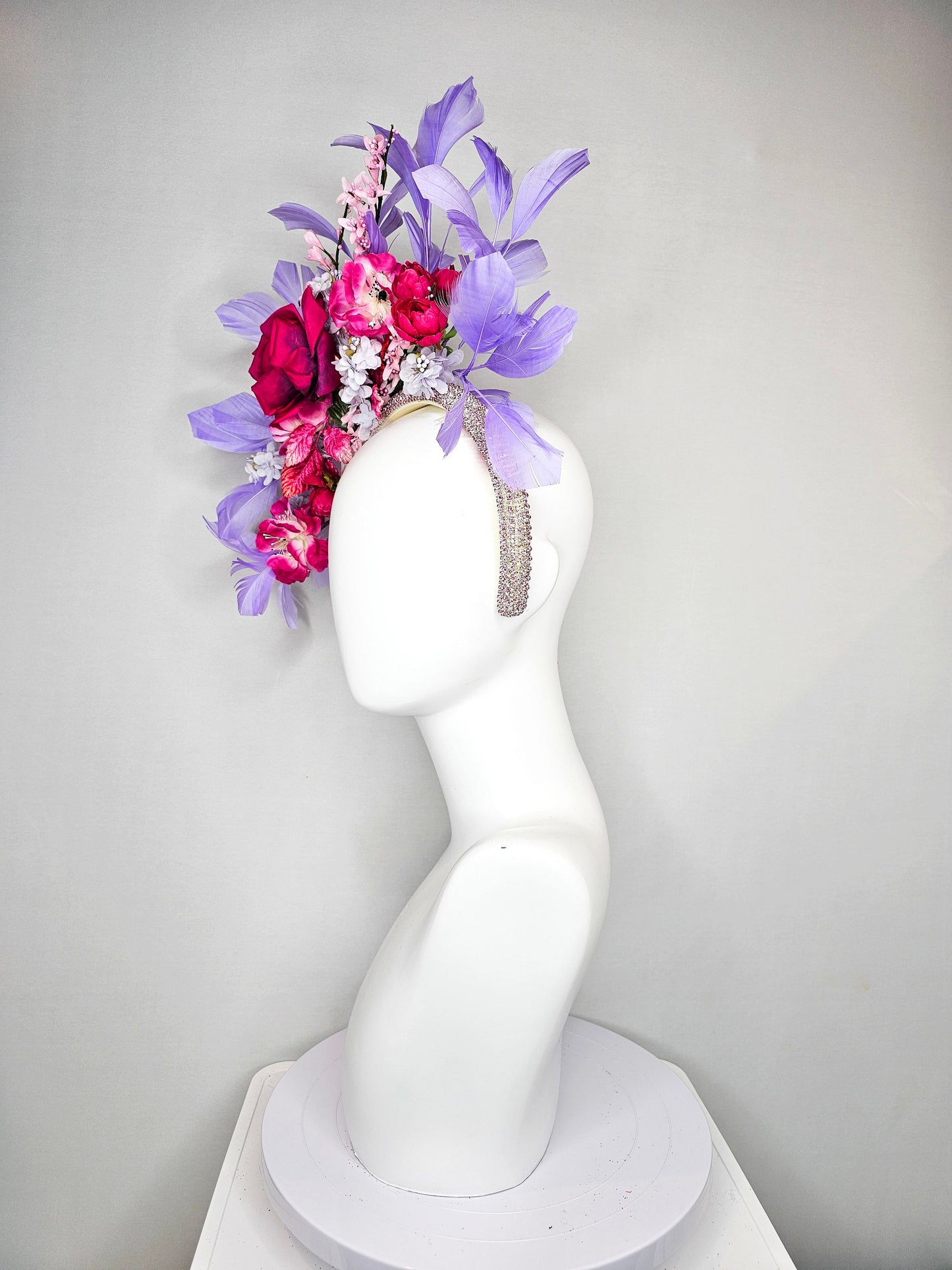 kentucky derby hat fascinator yellow rhinestone crystal headband with purple pink blue silk fuchsia flowers and leaves lavender feathers