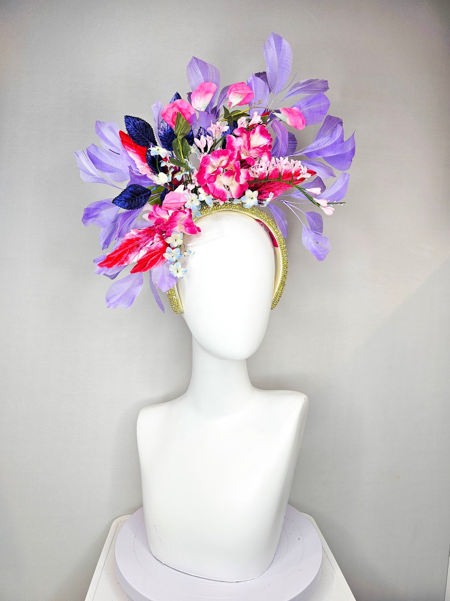 kentucky derby hat fascinator yellow rhinestone crystal headband with purple pink blue silk fuchsia flowers and leaves lavender feathers