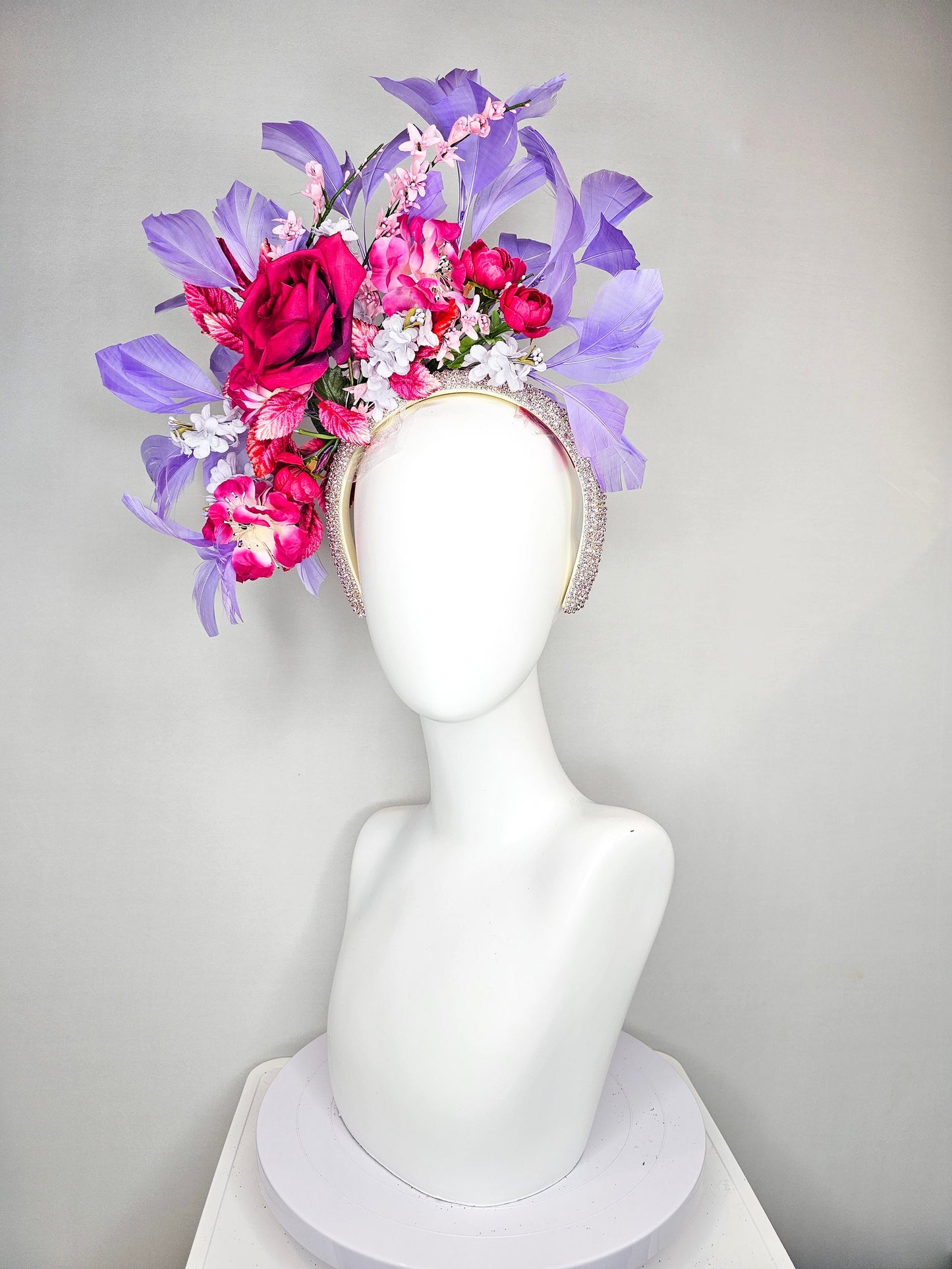 kentucky derby hat fascinator yellow rhinestone crystal headband with purple pink blue silk fuchsia flowers and leaves lavender feathers