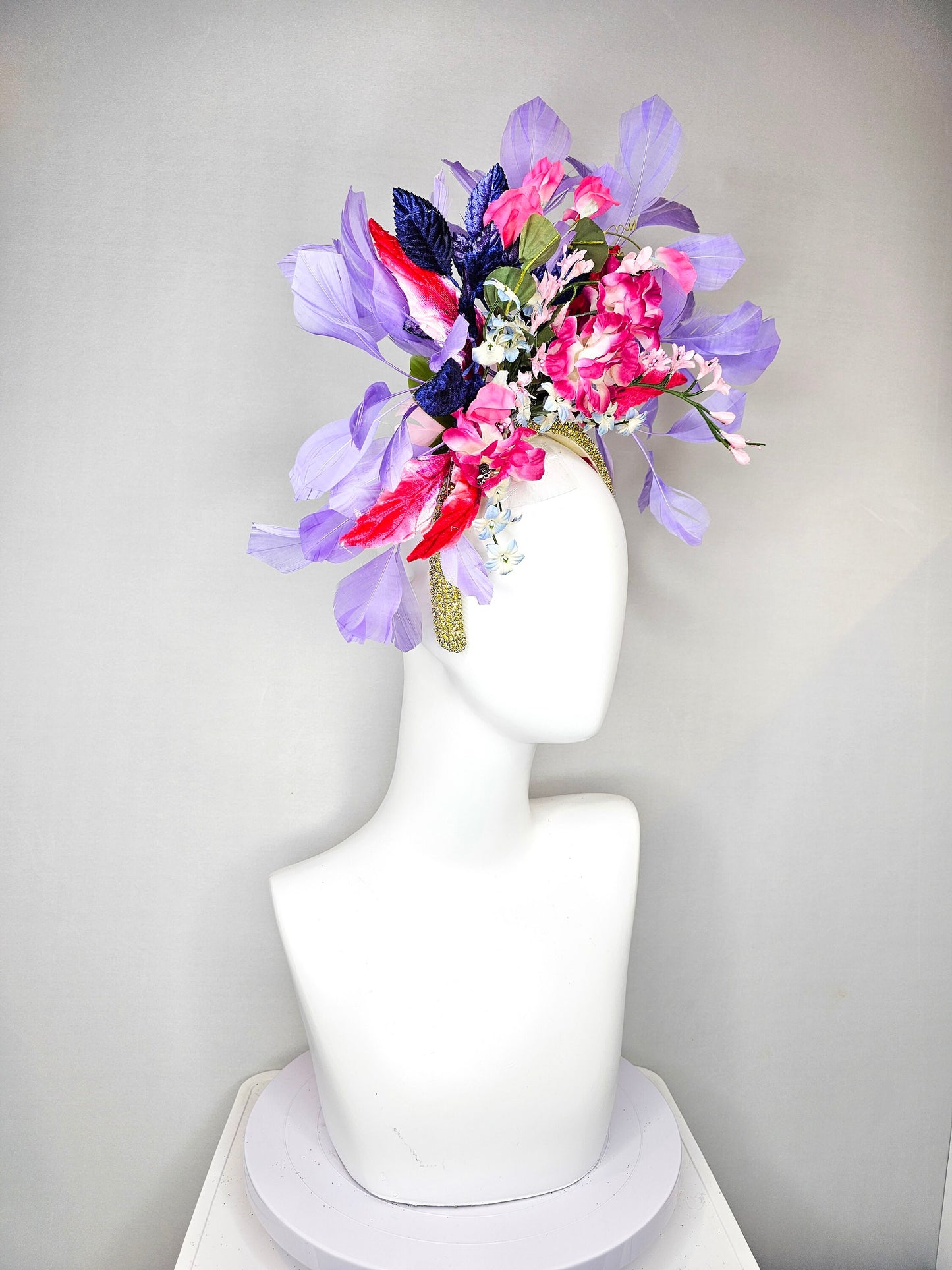 kentucky derby hat fascinator yellow rhinestone crystal headband with purple pink blue silk fuchsia flowers and leaves lavender feathers