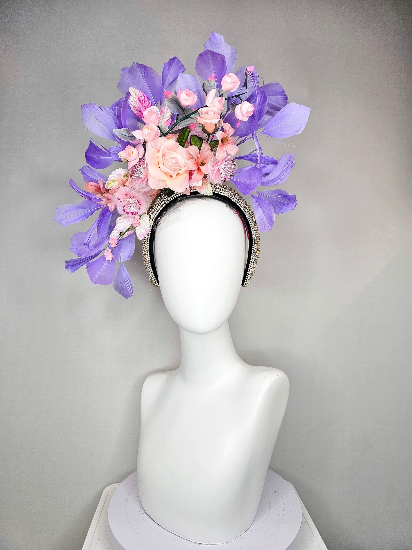 kentucky derby hat fascinator rhinestone crystal headband with light pink blush silkflowers and leaves lavender purple feathers